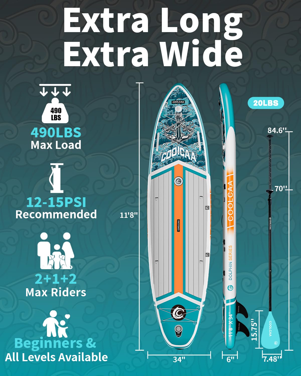 COOLCAA Dolphin Lite 11'8" Inflatable Stand-Up Paddle Board, 490Lbs Capacity SUP Board with 34'' Extra Wide, Fishing Paddleboard with Accessories & Bag for Adults Youth (Anchor Wing)