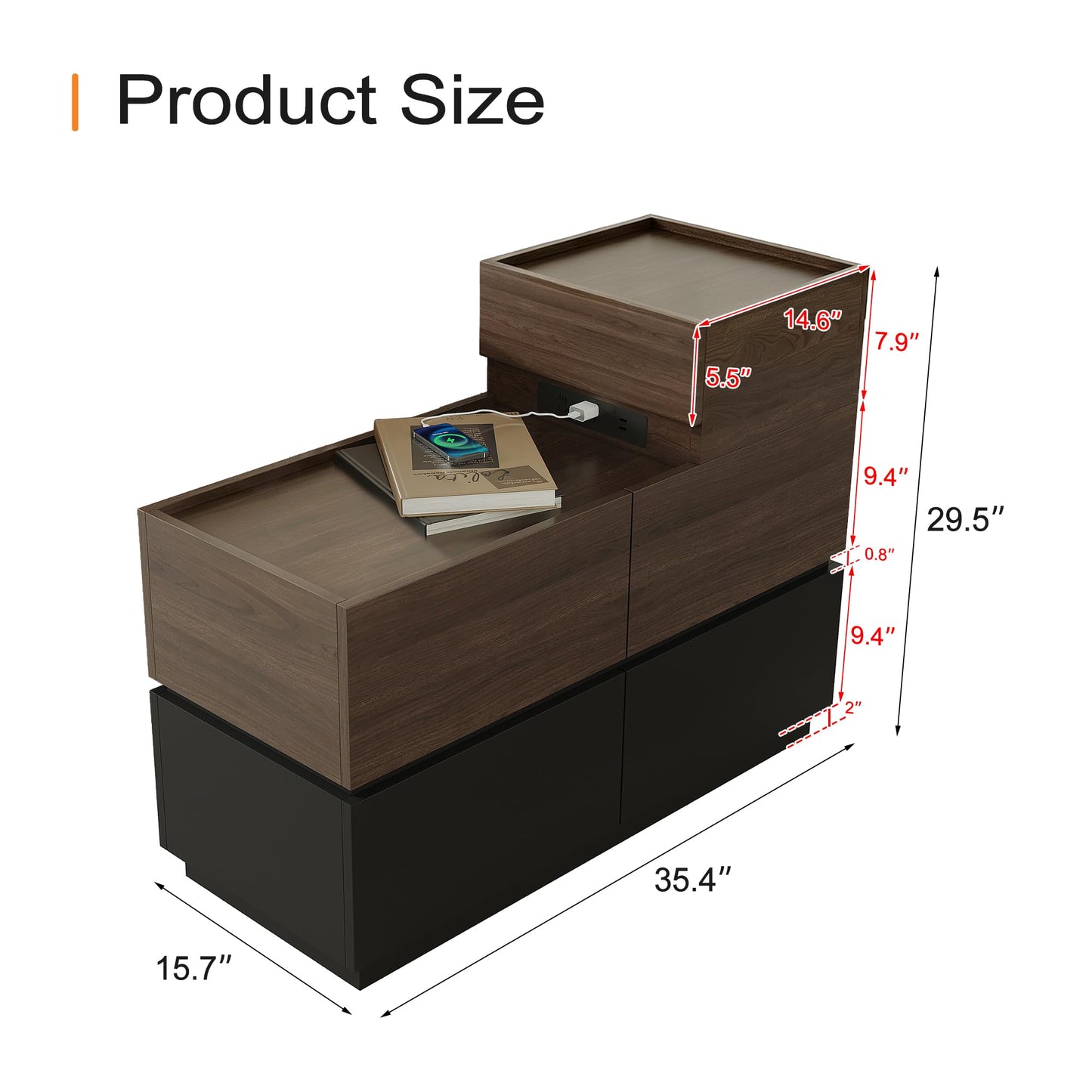 Modern Sofa Side Cabinet, Side Table with USB Interface and Power Outlet, Walnut Wood Living Room Bedroom Side Cabinet Modern Bedside Table with Charging Station for Living Room, Bedroom