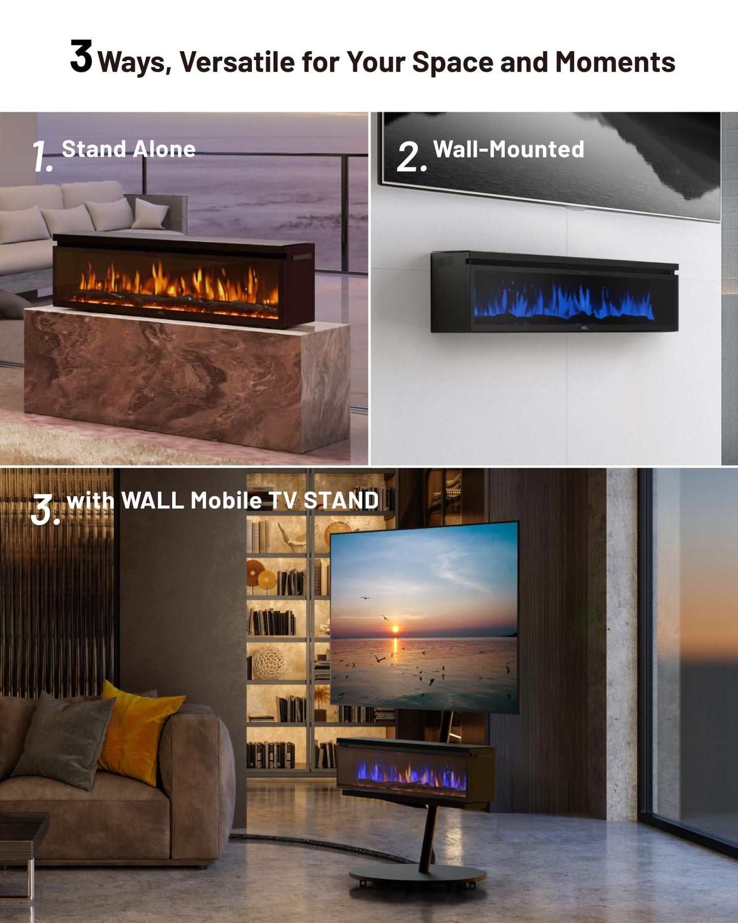 WALL FLAMEBAR Electric Fireplace Freestanding, Wall Mounted, Moves with TV Stand – WiFi Enabled,750/1500W Heater, 1500 Flame Color Combinations, for Living Room or Bedroom, Modern 40" Wide