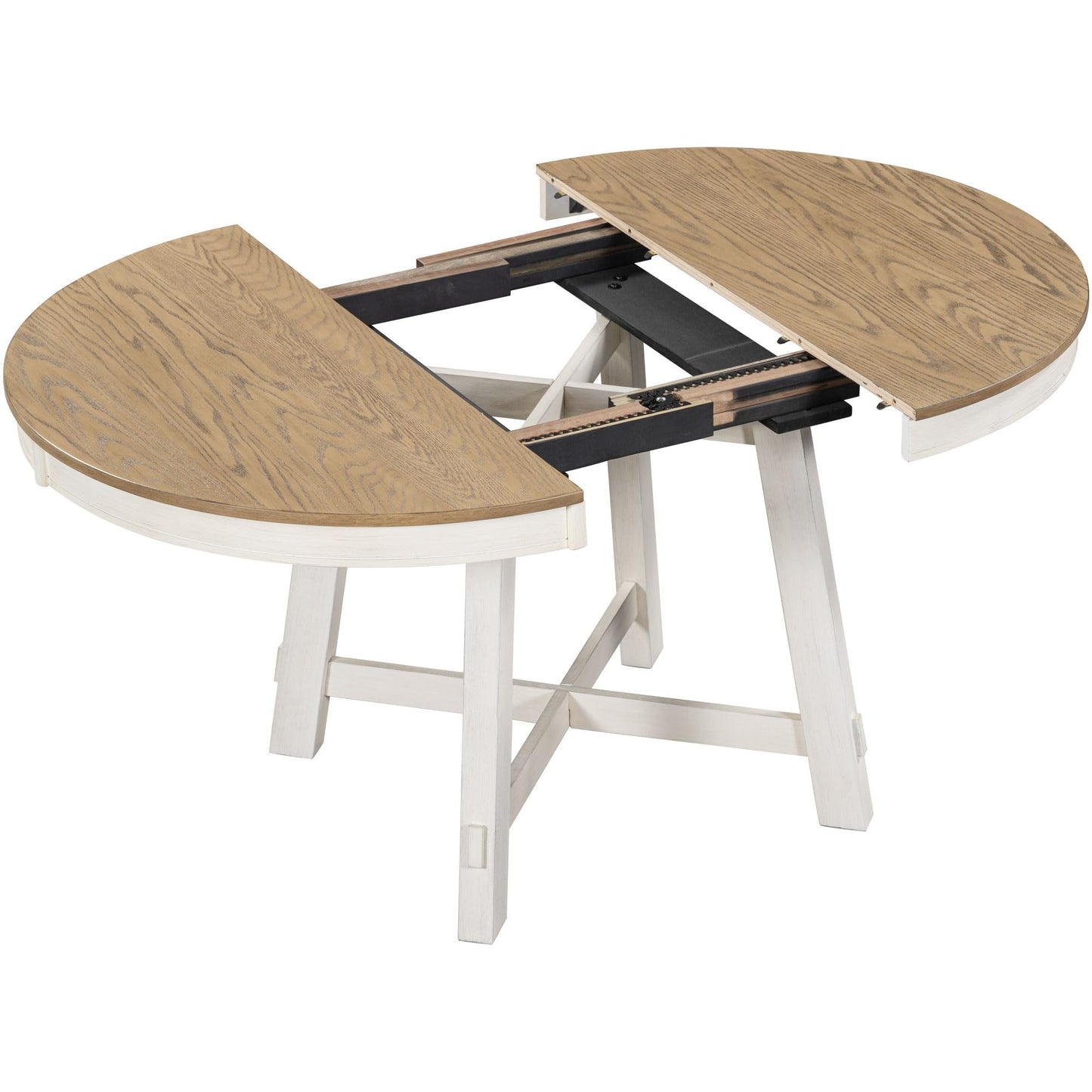 GDFStudio 42"-58" Farmhouse Extendable Dining Table for 4-6, Solid Wood Round Dining Table with 16" Leaf & X-Shaped Base, Kitchen & Dining Room Table, Space Saving, Oak Natural Wood+Antique White