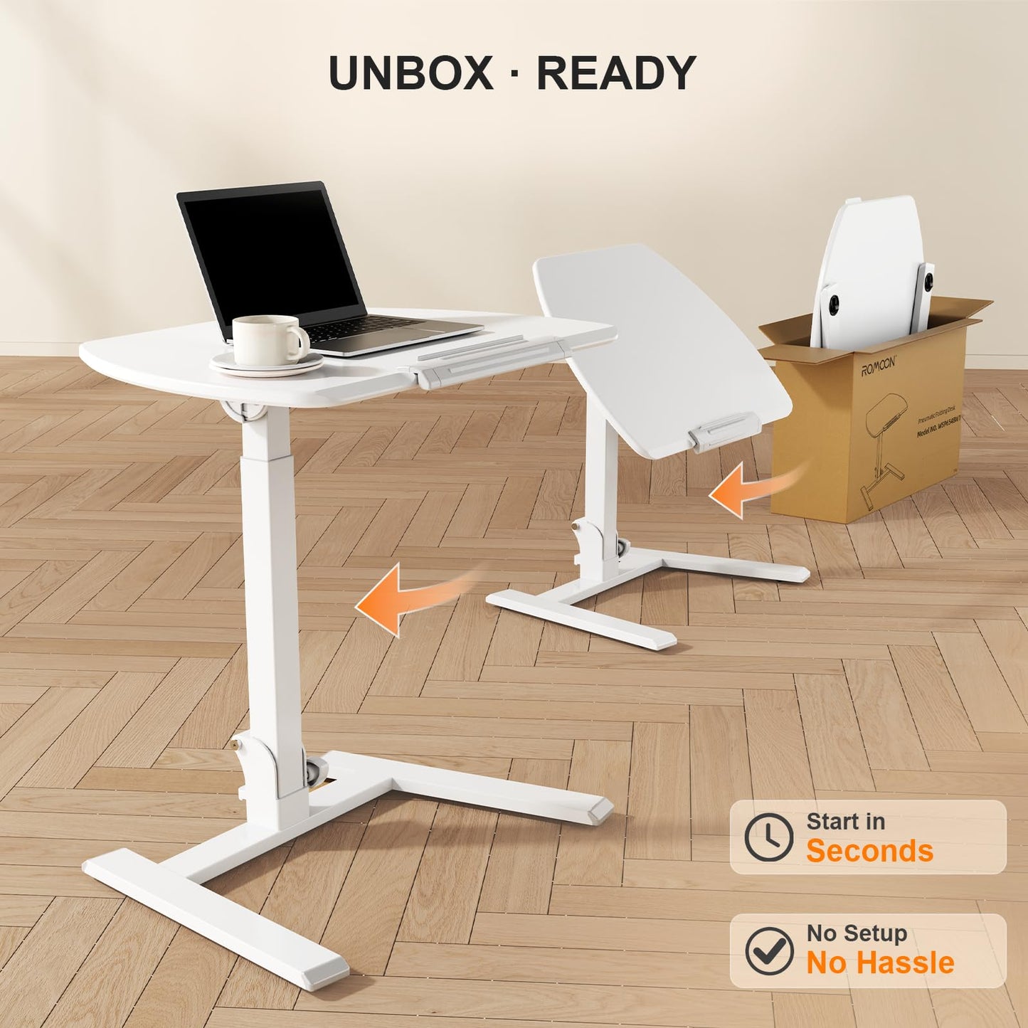 ROMOON Folding Small Standing Desk with Wheels, No-Assembly Portable Sit-Stand Laptop Cart, Adjustable Height Rolling Space Saving Workstation for Home Office, Small Space (White)