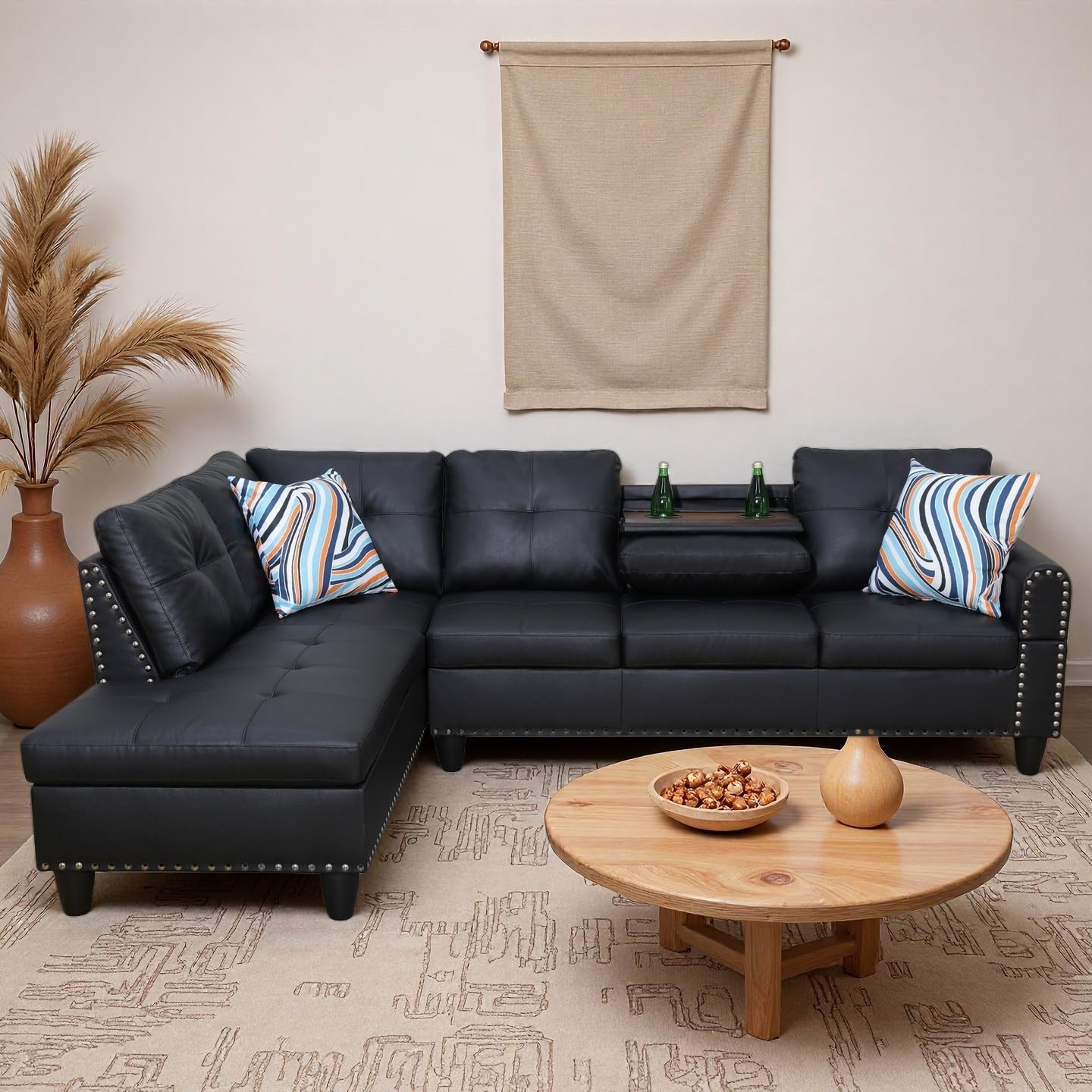 Trygoal Modern L-Shaped Leather Sectional Couch with Cup Holders, Modular Sectional Sofa for Living Room, 3 Person Faux Leather Couch Includes Chaise Lounge, Black