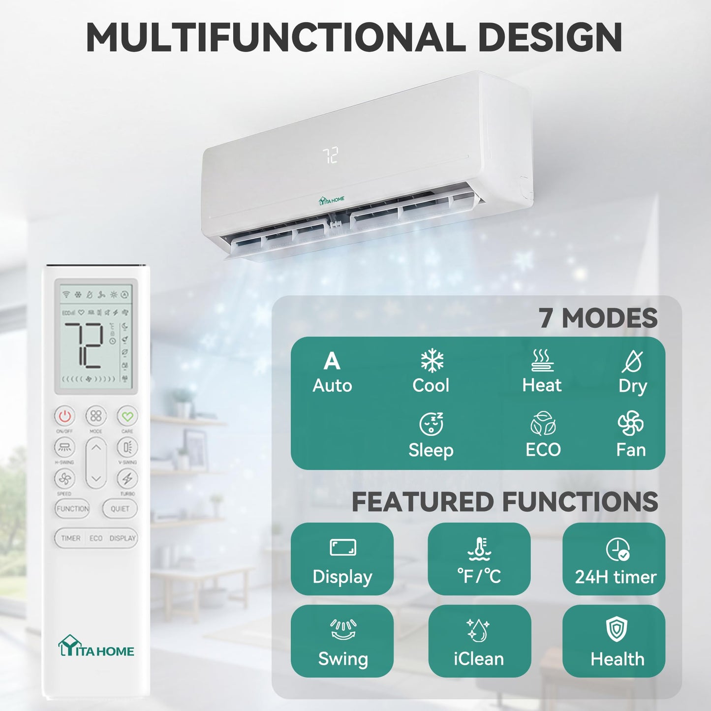 YITAHOME 12000 BTU Mini Split AC/Heating System, Ductless Split Unit AC and Heat, 230V 20 SEER2 Energy Efficient Inverter Air Conditioner, Wifi Enabled Compatible with Alexa Cool Up to 750 Sq. Ft