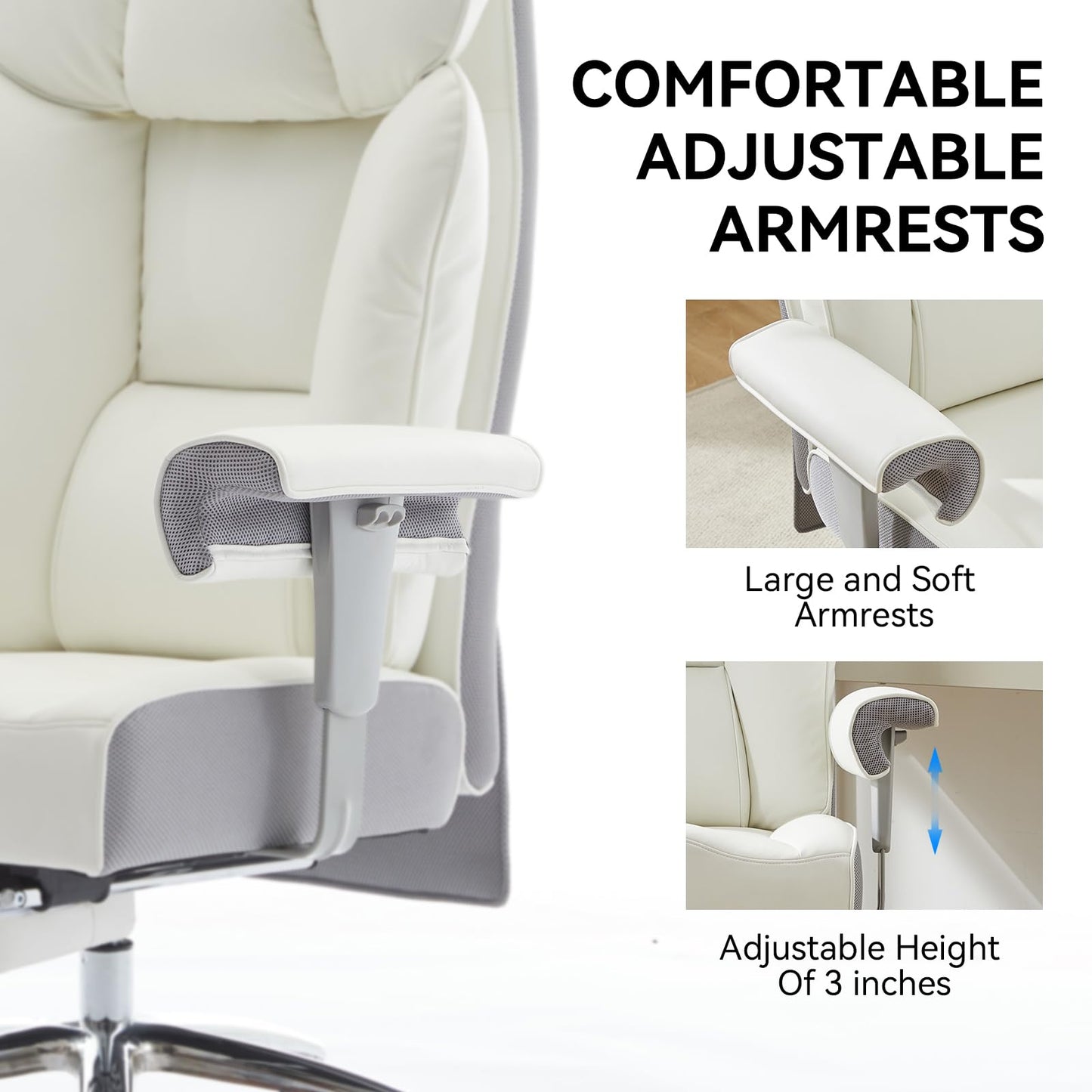 Efomao Big and Tall Executive Office Chair 400lbs - White Desk Chair for Women with Footrest, 24" Wide Ergonomic Pocket Spring Cushion Seat, Heavy Duty Computer Chair for Home Office, Gaming