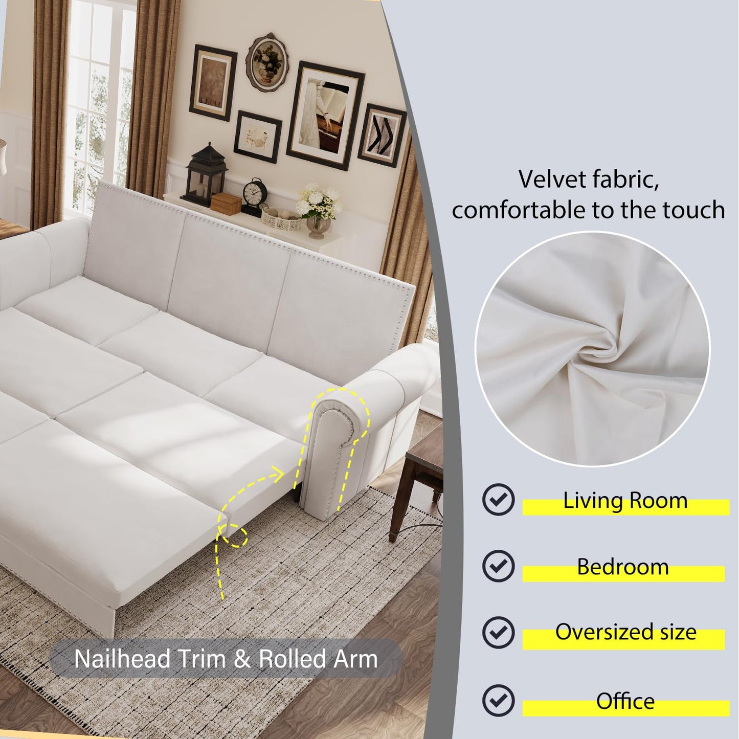 KEIKI 94" Chesterfield 3-in-1 Pull Out Sofa Bed, King Convertible Velvet Sofa with Rolled Arms & Nailhead Trim, 3-Seater Sofa Bed for Living Room, Bedroom or Office, Beige White