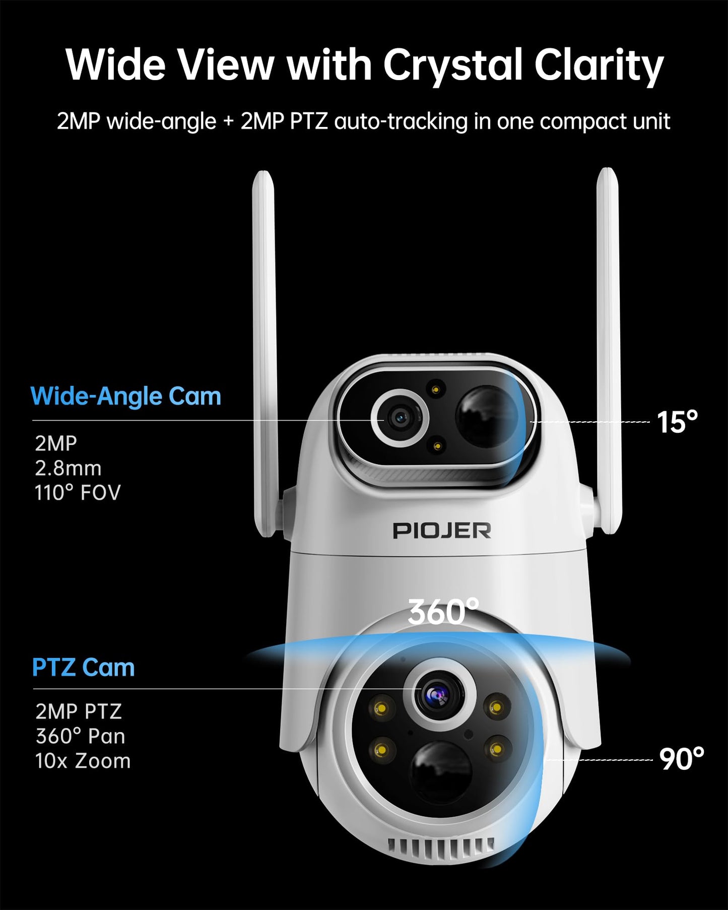 PIOJER Solar Security Camera Wireless Outdoor Dual-Lens 2K(2MP Wide-Angle & 2MP PTZ) Cameras System for Home Color Night Vision 32GB Local Storage PIR AI Human Detection No Subscription Fee 4Pack