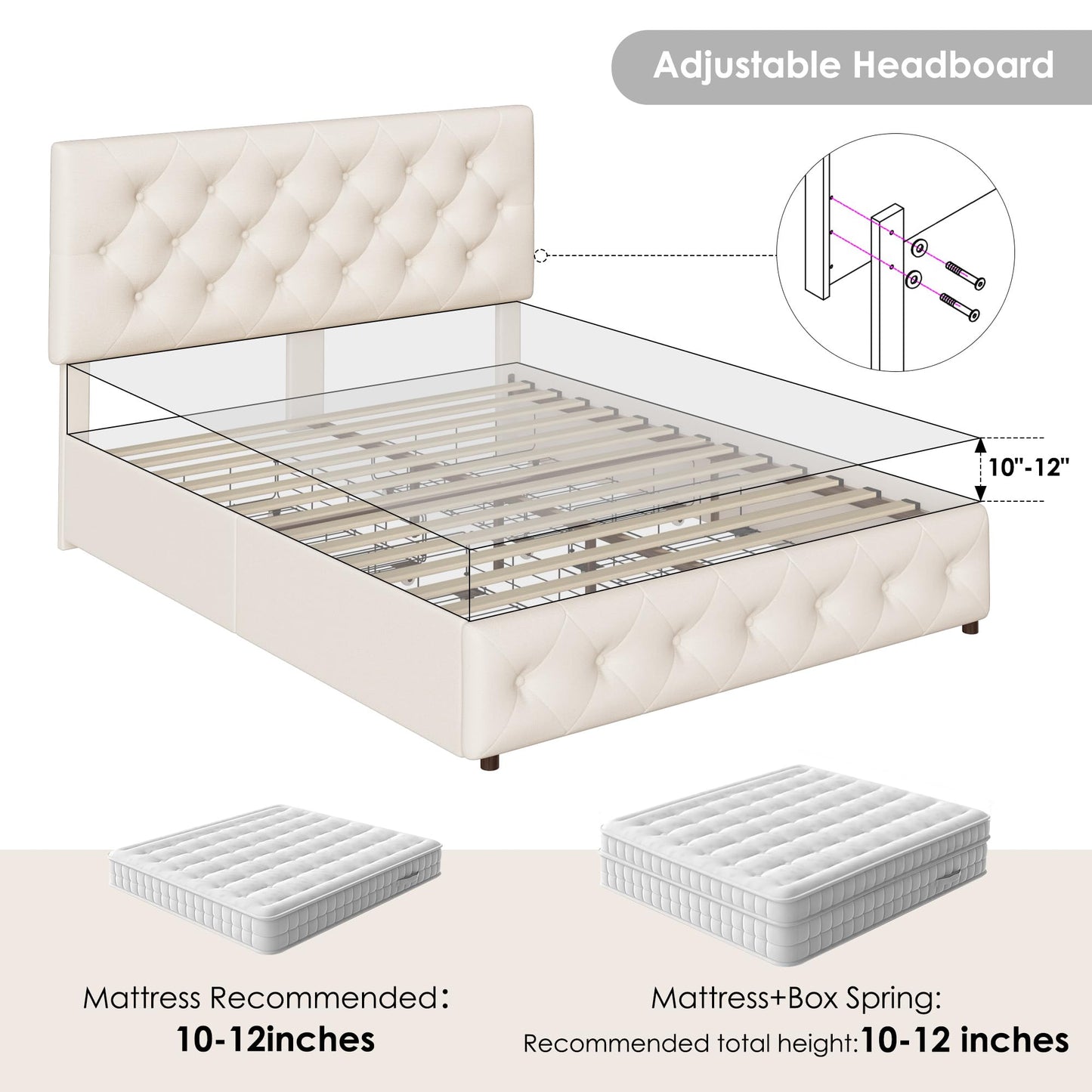 Keyluv Full Size Upholstered Platform Bed Frame with 4 Storage Drawers, Modern Beige Fabric Bed with Adjustable Button Tufted Headboard, Solid Wooden Slat Support, Easy Assembly