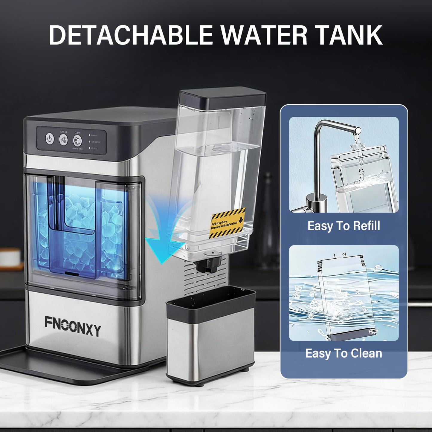 FNOONXY Nugget Ice Maker Countertop,44 lbs/24h Chewable Pellet Ice Machine with 4.5L Side Water Tank,6-8 Mins Fast Ice Making,One-Touch Self-Cleaning,Portable with Ice Scoop for Home,Office & Bar