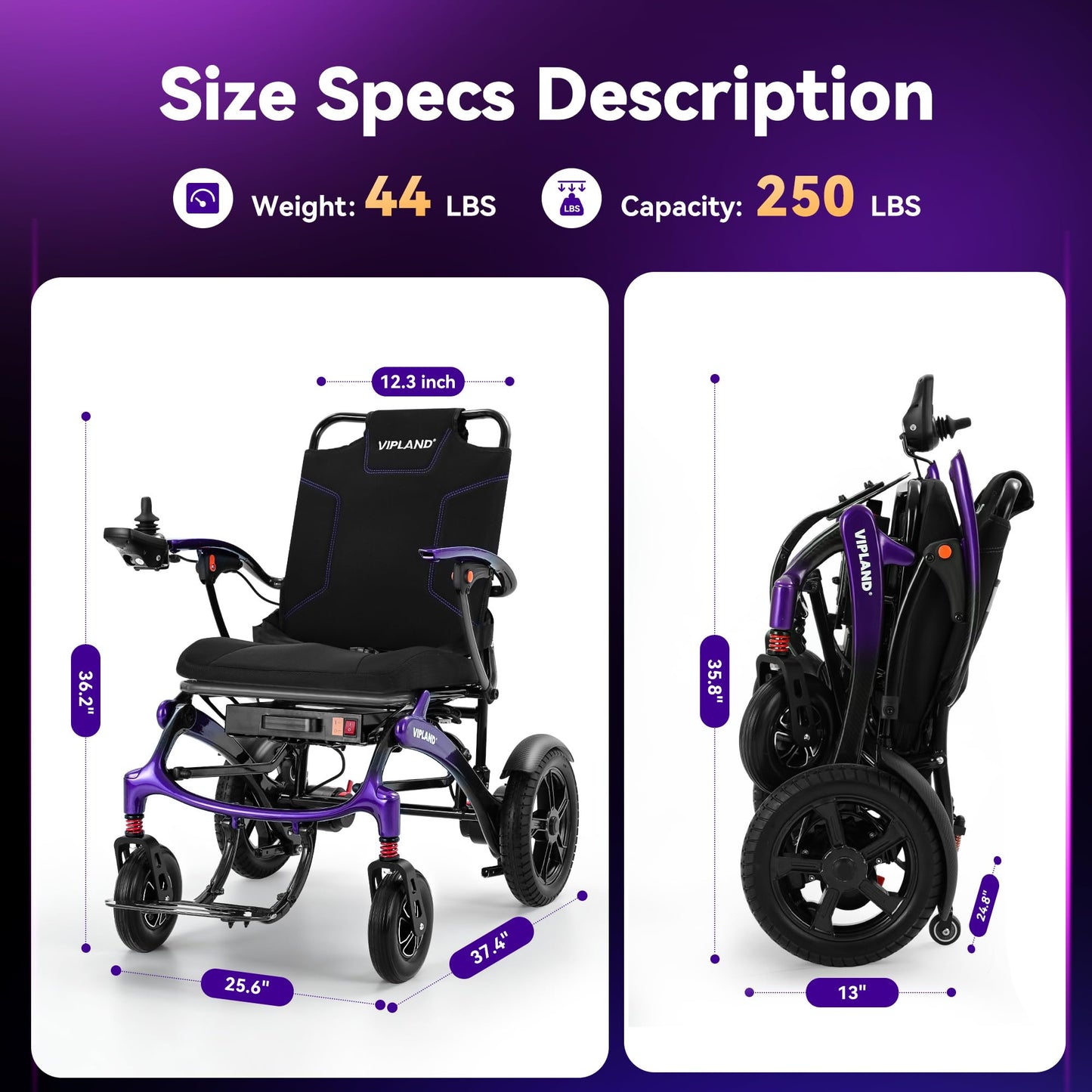 VIPLAND Carbon Fiber Electric Wheelchairs for Adults, Lightweight Foldable Motorized Wheelchair,15 Miles Range, All Terrain Airline Approved, 500W Brushless Motors with Tail Light, Only 44lb, Purple