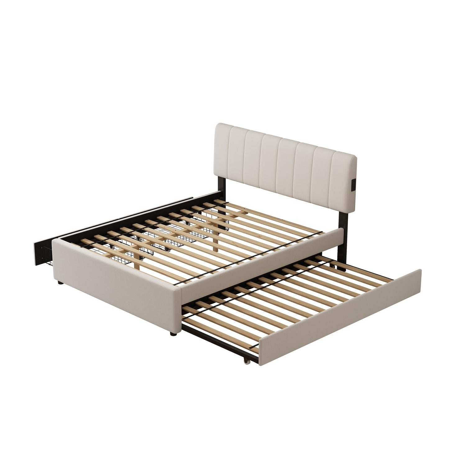 FAVSH Full Size Upholstered Platform Bed w/Trundle Bed & 2 Storage Drawers