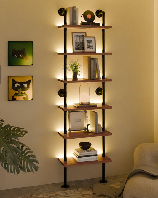6-Tier LED Ladder Shelf, Wall Mounted Pipe Bookshelf, Walnut Brown 24 Inch