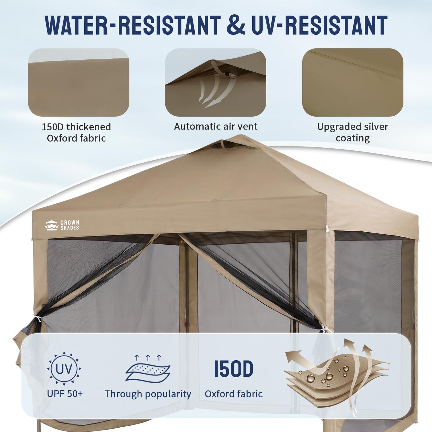 CROWN SHADES Gazebo 10x10 Pop Up Canopy with Mosquito Netting, Screen Tent with 4 Ropes, 8 Stakes, 4 Sandbags and Wheeled Storage Bag, Canopy for Patio & Backyard Parties,Camping&Events -(Beige)
