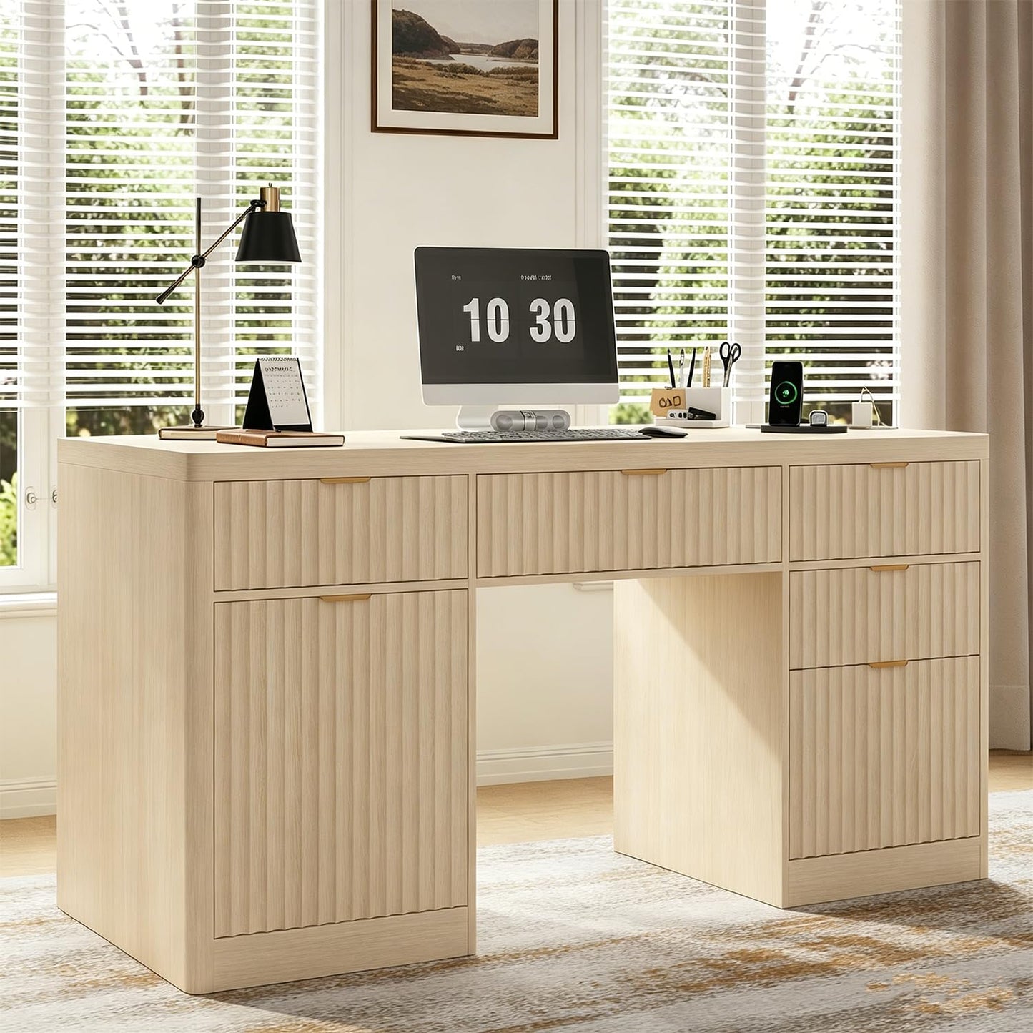 knoworld Fluted Executive Desk with Charging Station, 58" Wood Home Office Desk with 4 Drawers, 1 File Cabinet, 1 Storage Cabinet, Modern Writing Desk for Work, Living Room, Bedroom (Natural)