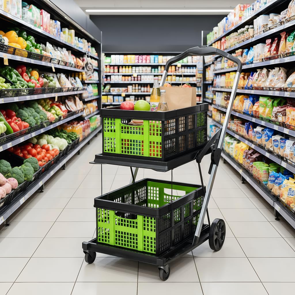 Collapsible Shopping Cart with Wheels,2 Tier Multi Use Foldable Shopping Cart with 2 Storage Crates,Folding Shopping Trolley Utility Cart for Office,Groceries, Warehouse,Supermarket,Picnic (Green)