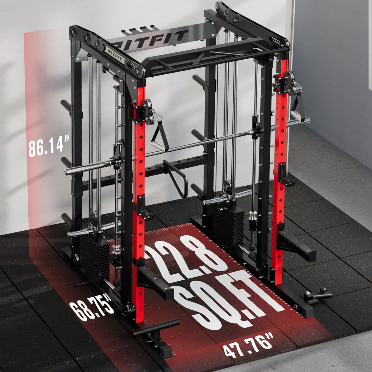 RitFit M2 Smith Machine with Cable Crossover System, 3D Functional Trainer & Power Cage, 16 Adjustment Holes, 6 Storage Pegs for Full-Body Home Gym(M2 PRO-3D Red)