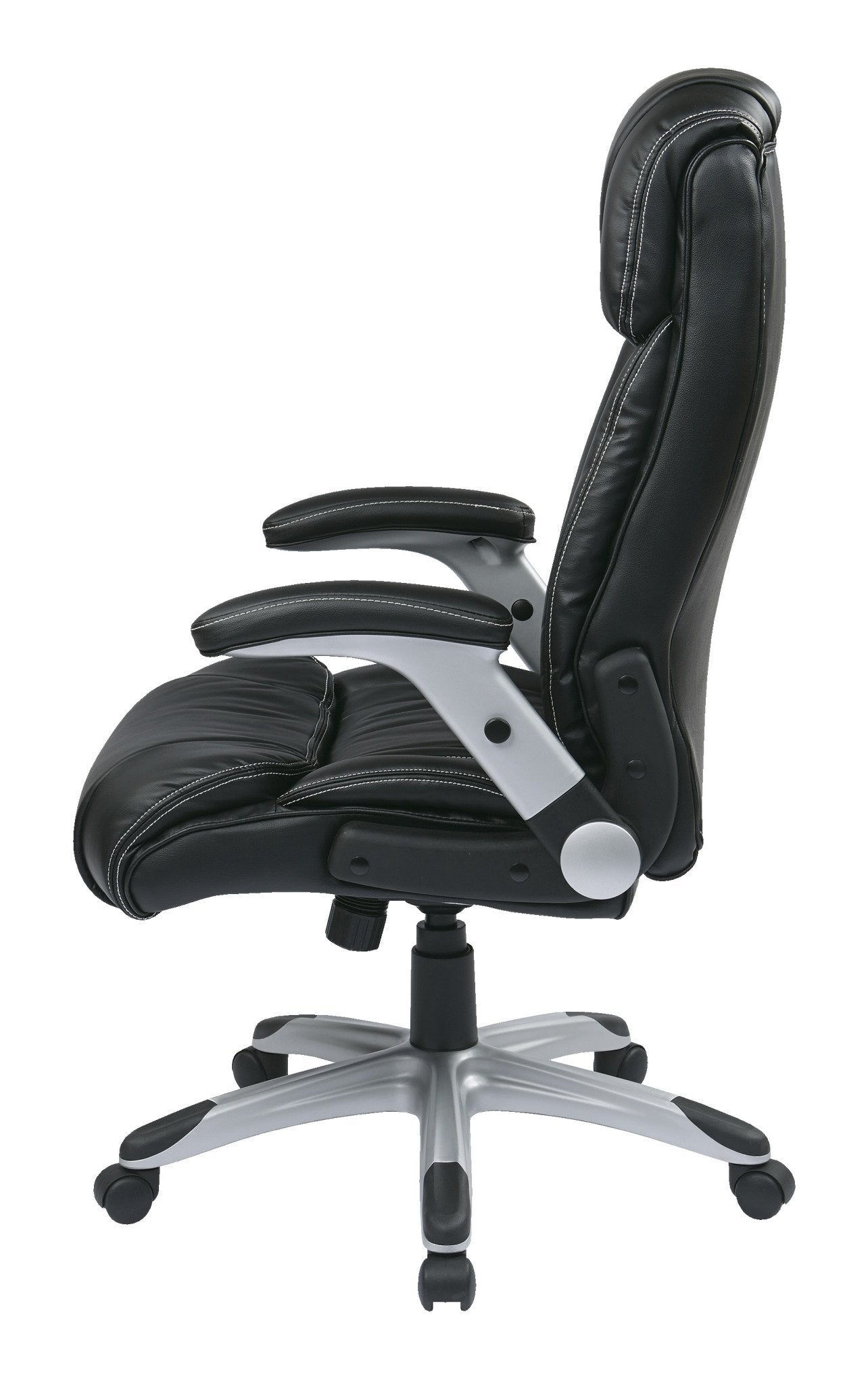 Office Star ECH Series High Back Executive Bonded Leather Office Chair with Adjustable Padded Flip Arms, Black with Silver Coated Base