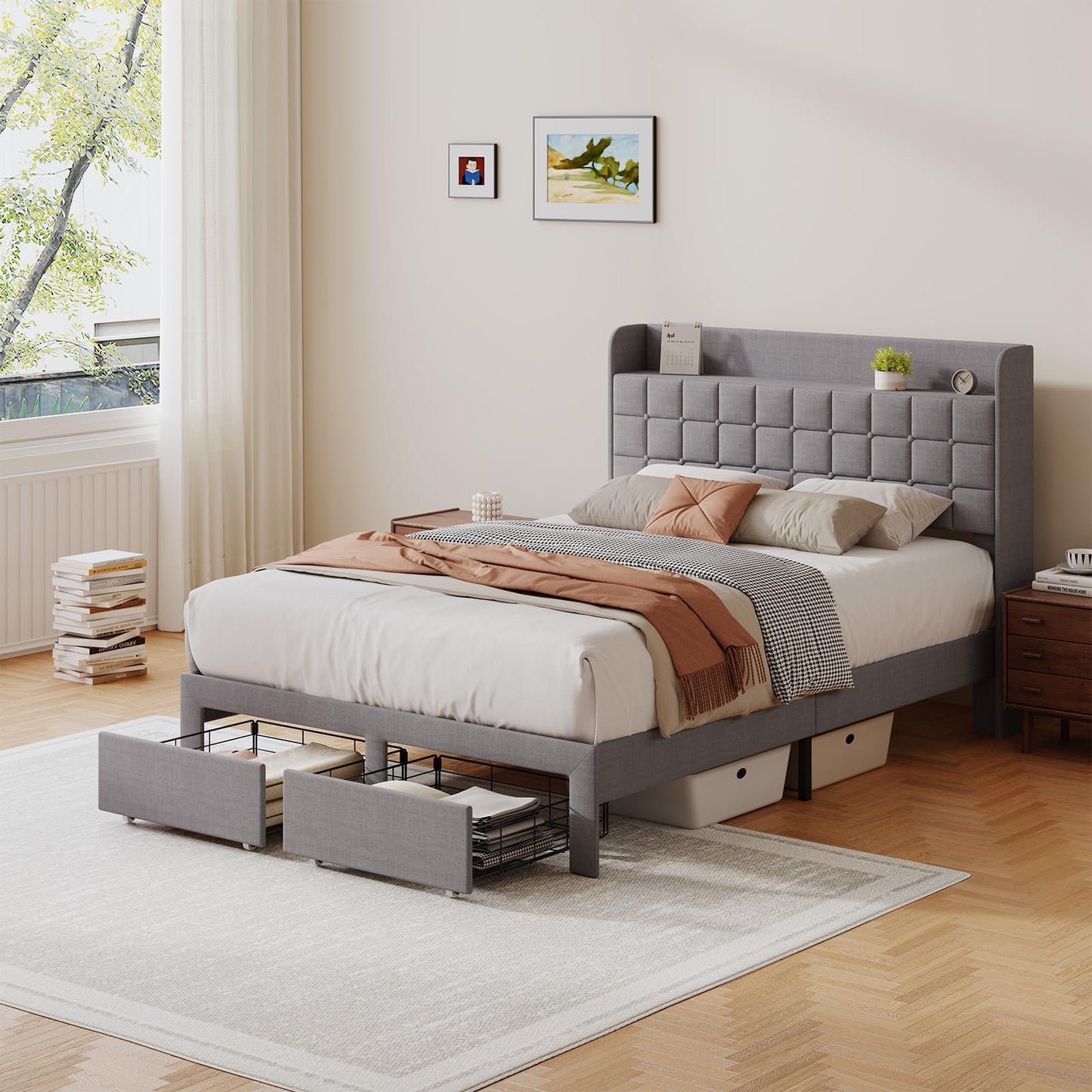 HAPPYMONT Full Size Storage Bed Frame, Square Tufted Headboard, Platform Bed with 2 Underbed Drawers at Foot, Wooden Slats Support, No Box Spring Needed, Dark Gray