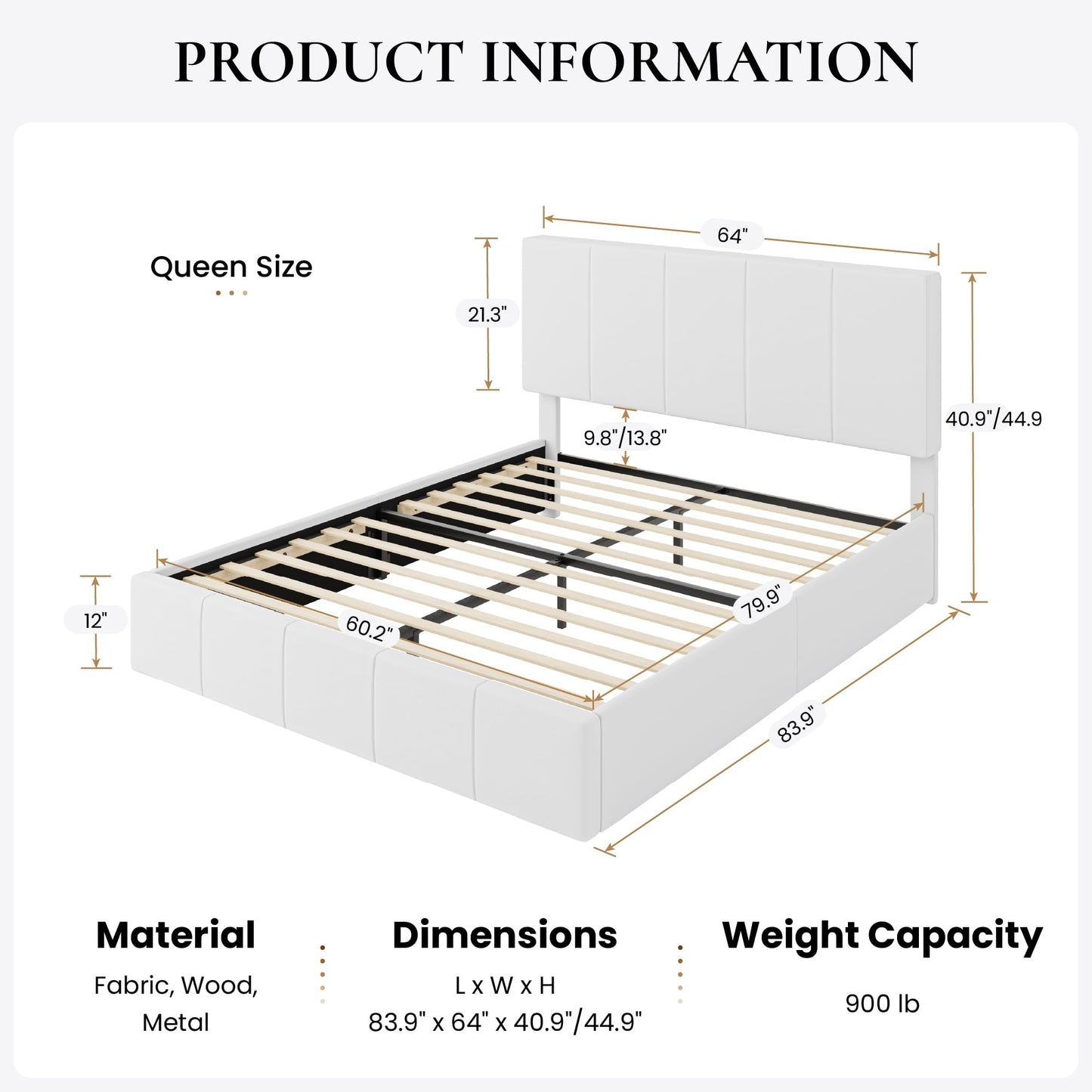 SHA CERLIN Queen Bed Frame, Velvet Upholstered Platform Bed Frame, Vertical Channel Tufted Adjustable Headboard, Low Profile Bed Frame, No Box Spring Needed, Easy Assembly, White