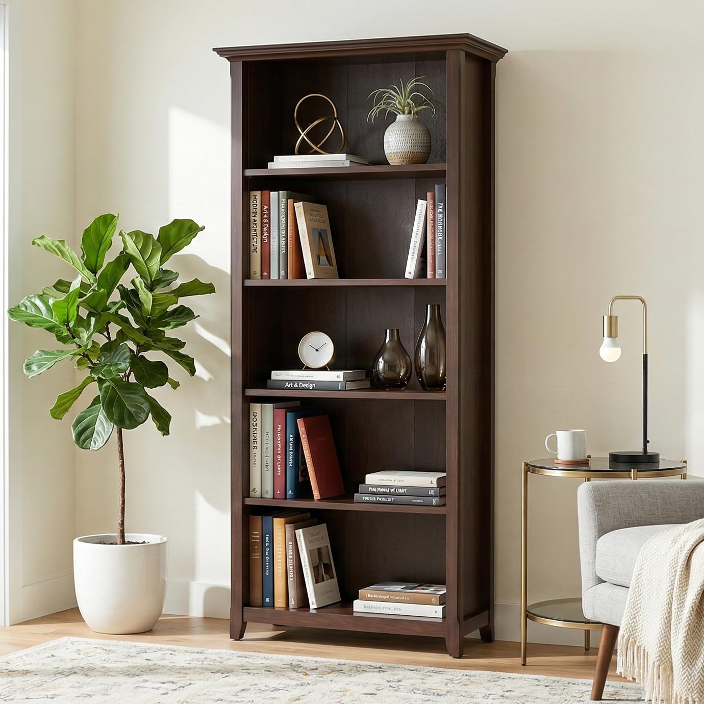 SIMPLIHOME Amherst Bookcase - 70 inch Tall 5-Shelf Solid Wood Bookshelf in Russet Brown, Transitional Storage for Living Room, Study Room or Office with Adjustable Shelves and Tapered Legs
