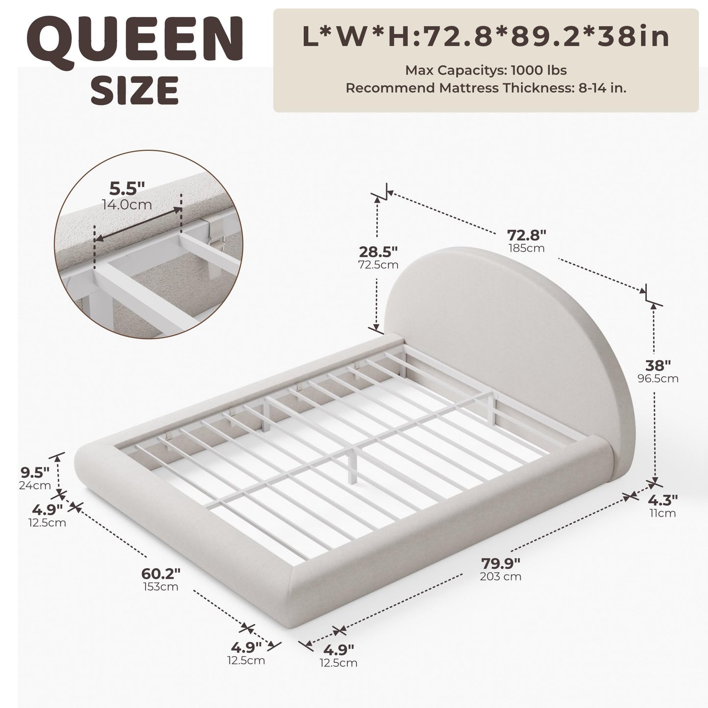 RECCI AirFrame Half-Moon Upholstered Queen Platform Bed Frame, Velvet Curved Arched Base with Headboard, 5 Inch Fully Round Cushioned Foam, No Box Spring Needed, Easy Assembly