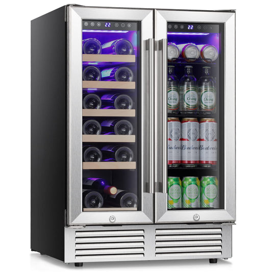 Antarctic Star Wine and Beverage Refrigerator, 24 Inch Dual Zone Wine Cooler with Glass Door, Built in or Under Counter Wine Fridge with Blue LED Light,18 Bottles and 66 Cans Capacity Beverage Cooler