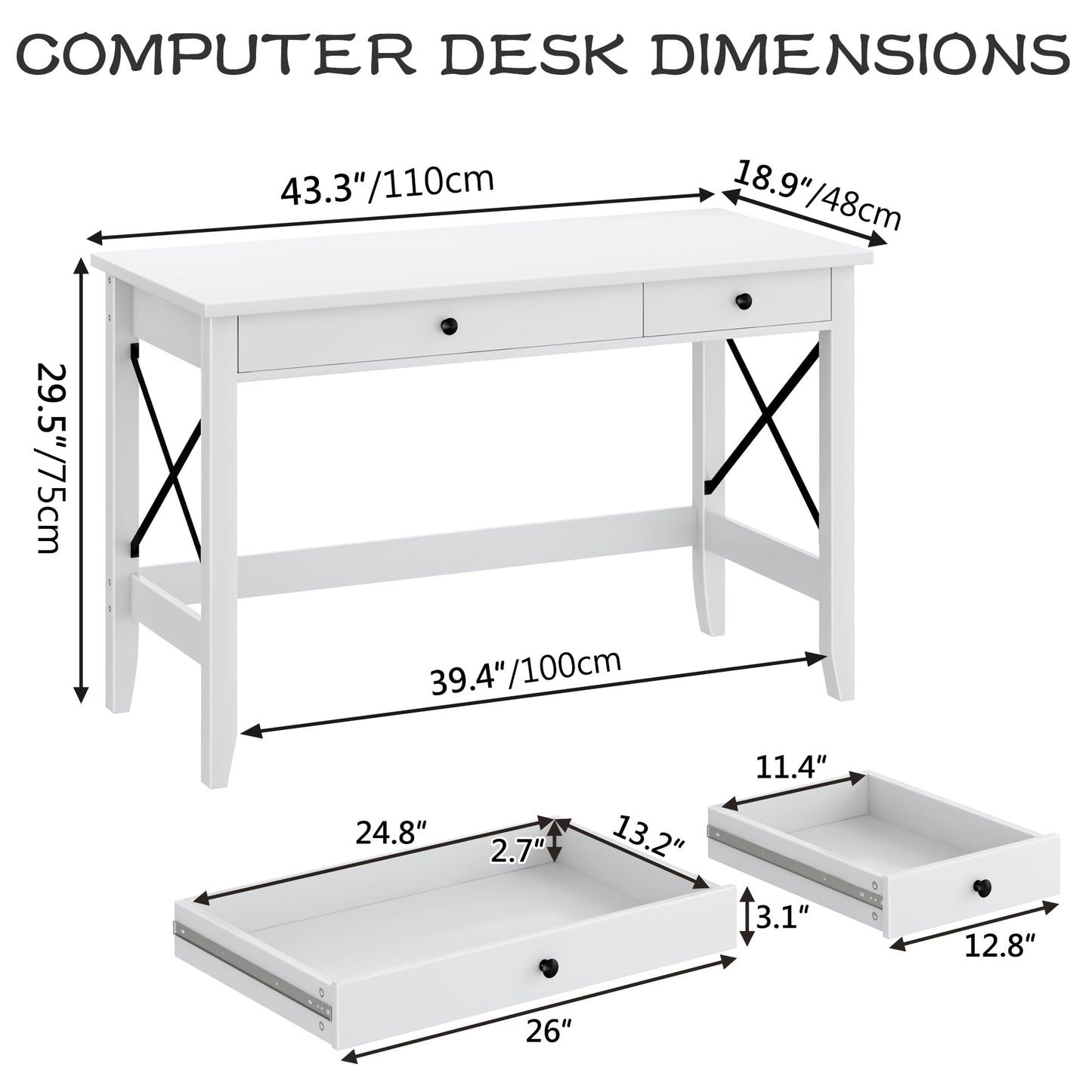 JSB 43.3'' White Computer Desk for Home Office,Farmhouse Executive Desk with 2 File Drawers,Study Writing Table Storage Cabinet,Makeup Vanity Desk for Bedroom (White, 43.3in)
