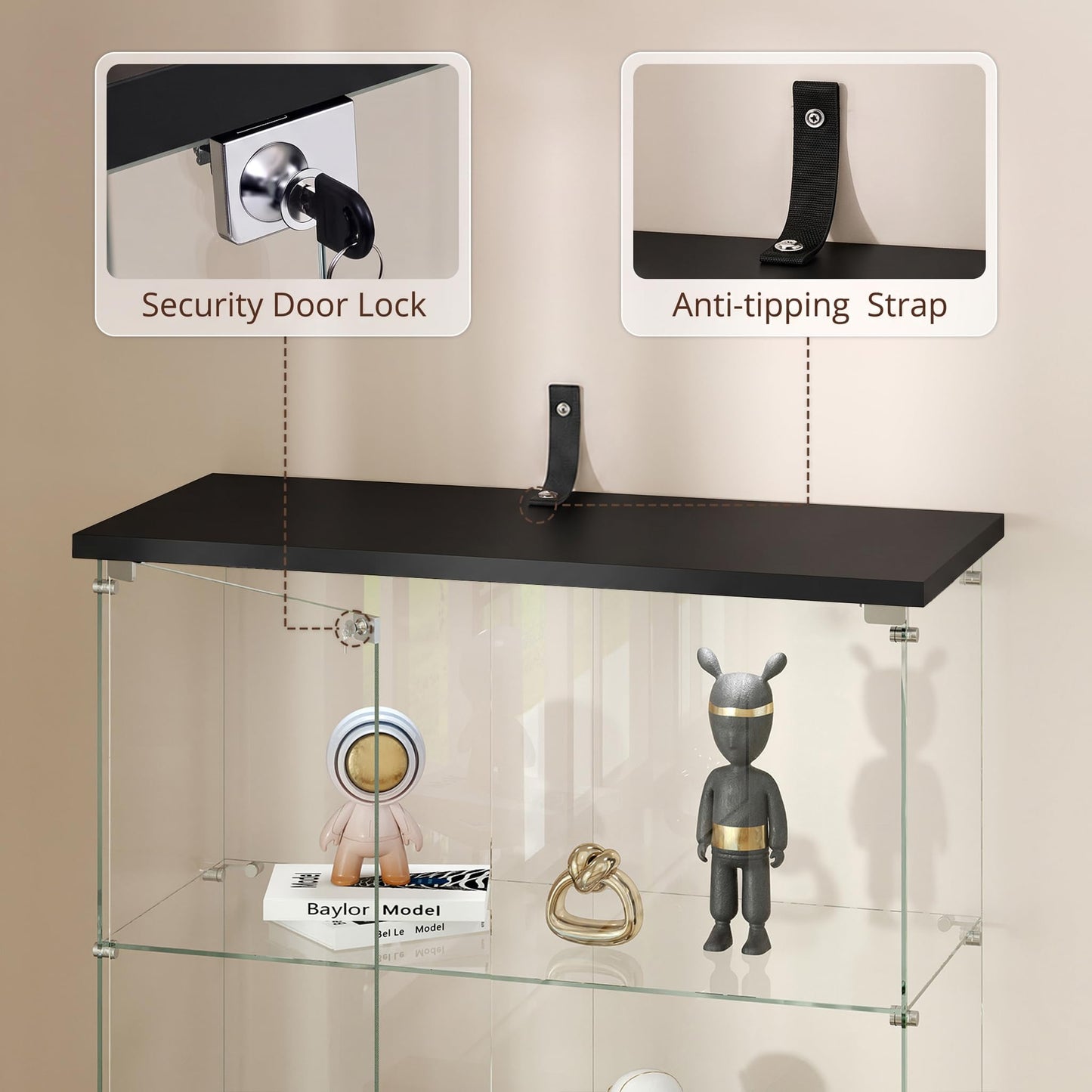 Zevemomo Tempered Glass Display Cabinet with Lights, Double Door, Black