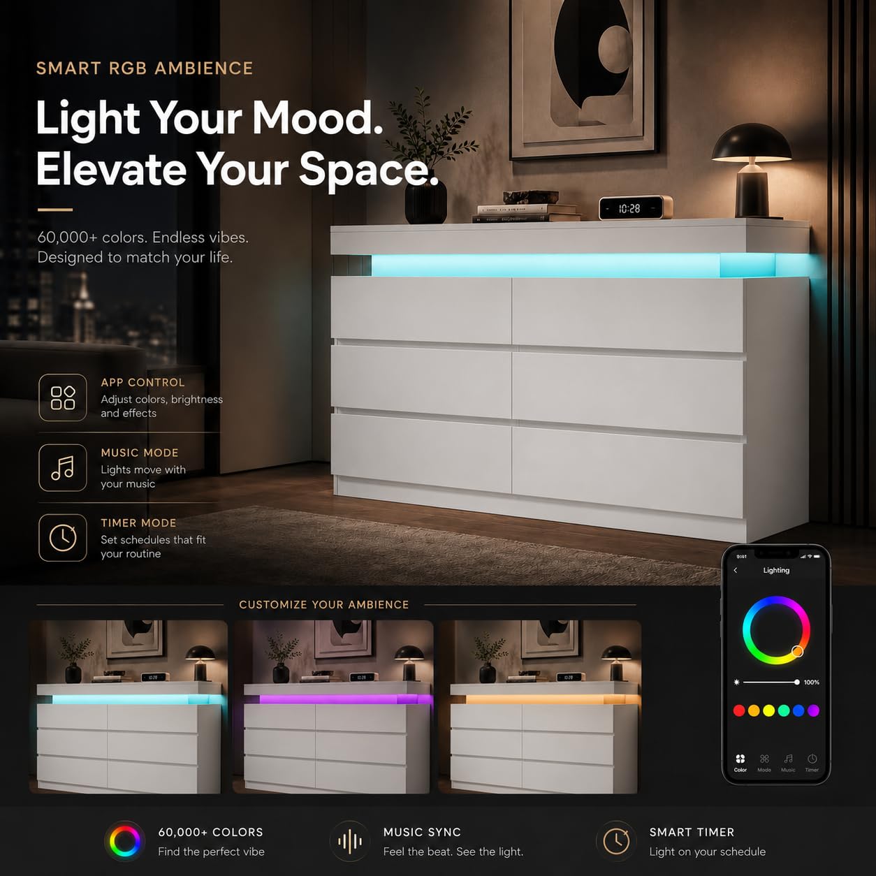 OneBlis 6 Drawer Dresser with LED Lights & Charging Station, Modern Floating White Dresser for Bedroom, Smart Storage Chest with 2 AC Outlets & USB Ports for Living Room, Closet, Entryway