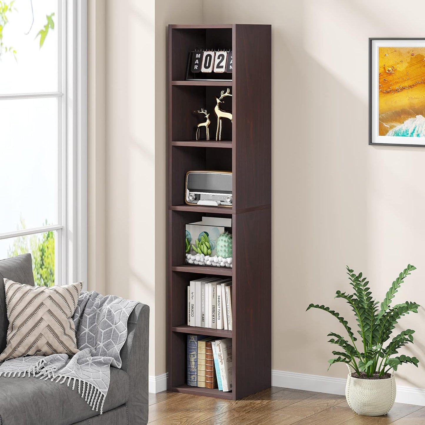 LITTLE TREE 70.9 Inch Tall Narrow Bookcase Set of 2, Modern Bookshelf 6 Tier Cube Display Shelf Storage Organizer for Small Space, Brown