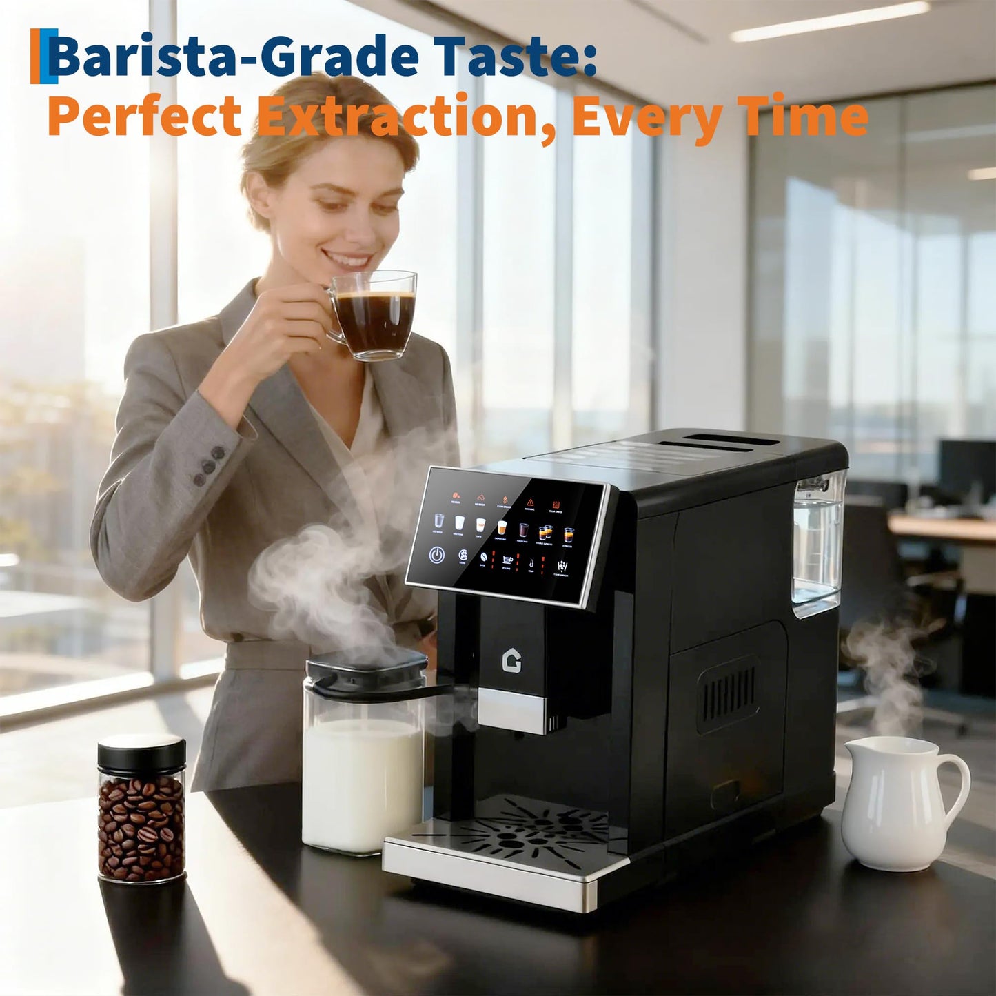 3rd-Gen Espresso Coffee Maker with Milk Frother - Removable Brewer/Grinder, Adjustable Coarseness/Flavor, 3-Level Coffee/Milk Volume, Detachable Milk Tank for Home Baristas, Black Spray Paint