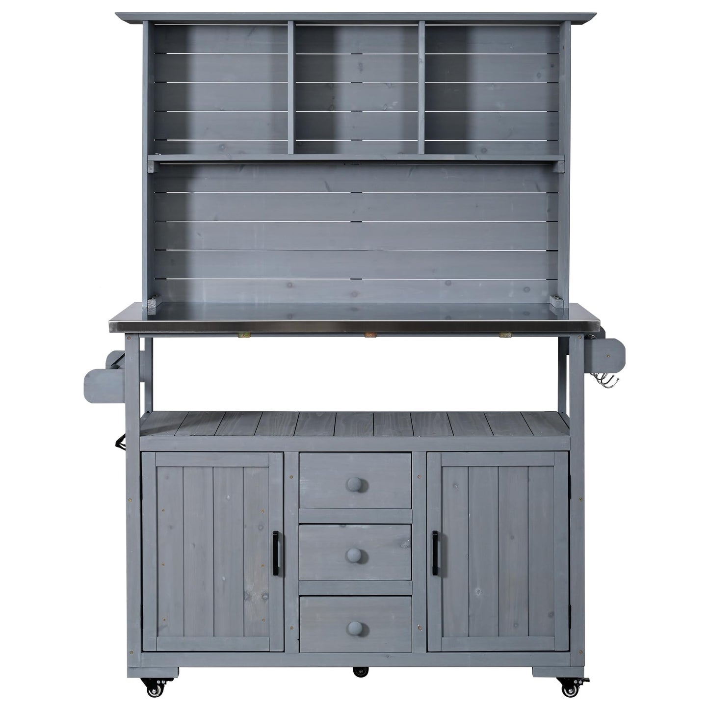 GDFStudio Preden Outdoor Storage Bench Table with Cabinet, Patio Wooden Potting Bench, Garden Storage Work Bench with Stainless Steel Top, Drawers, Cabinets, Shelves and Hooks, Kitchen Island, Gray