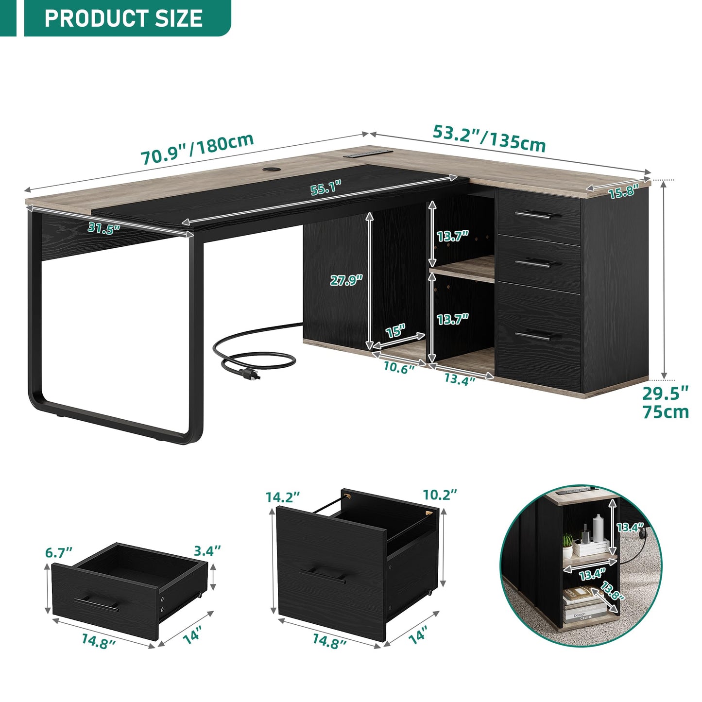 DWVO 71" Executive Desk with Power Outlets, L Shaped Executive Desk with File Cabinet, Computer Desk with Drawers & Storage Shelves, Corner Office Desk with Bookshelf for Home Office, Grey + Black