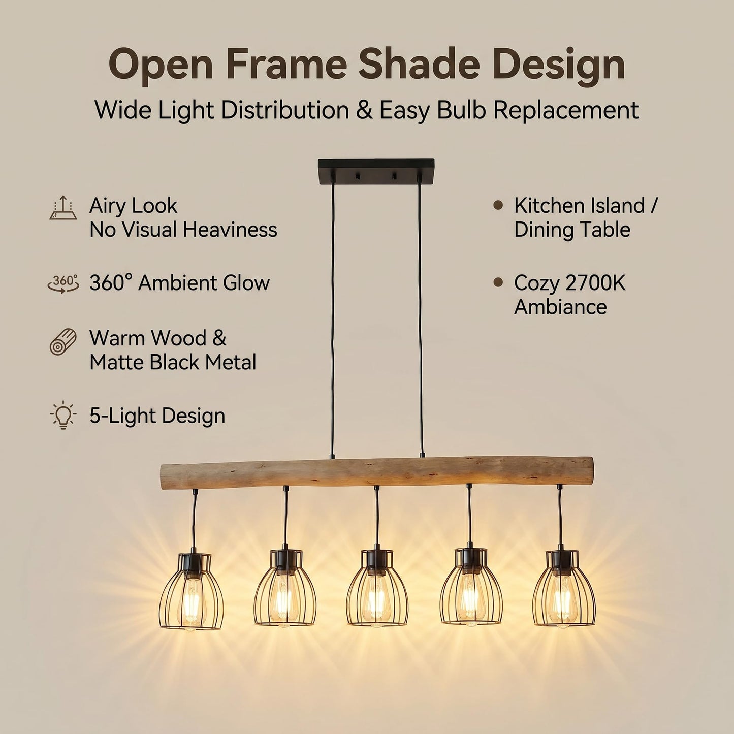 5-Light Farmhouse Kitchen Island Lighting with Glass Lampshade, Dining Room Light Fixtures Over Table, Wood Vintage Ceiling Chandelier for Living Room, Black