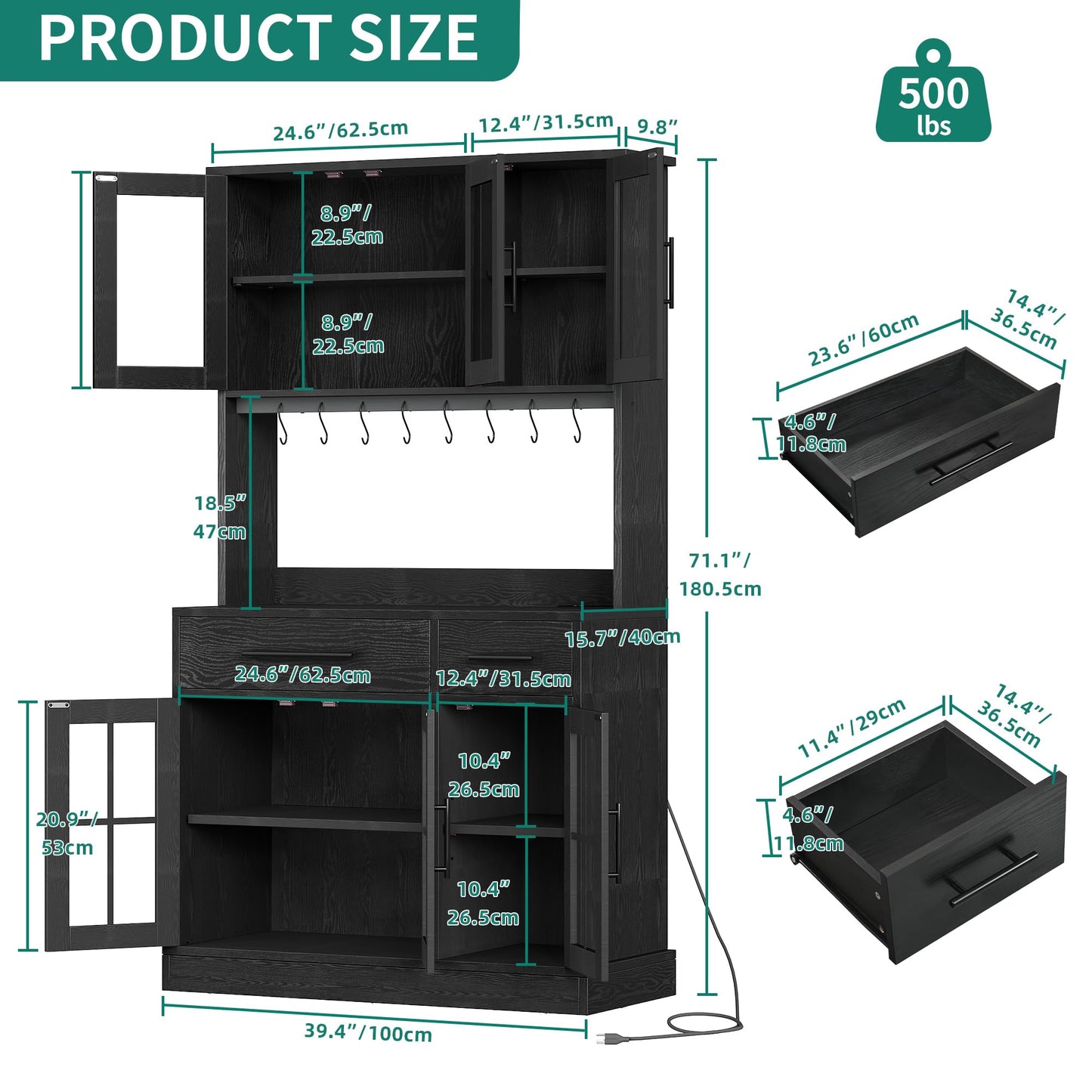 YITAHOME 71'' Kitchen Pantry Storage Cabinet with Microwave Stand, Tall Freestanding Hutch Cabinet with Power Outlet, Pantry Cabinets with Buffet Cupboard, Drawers and Acrylic Doors for Home, Black
