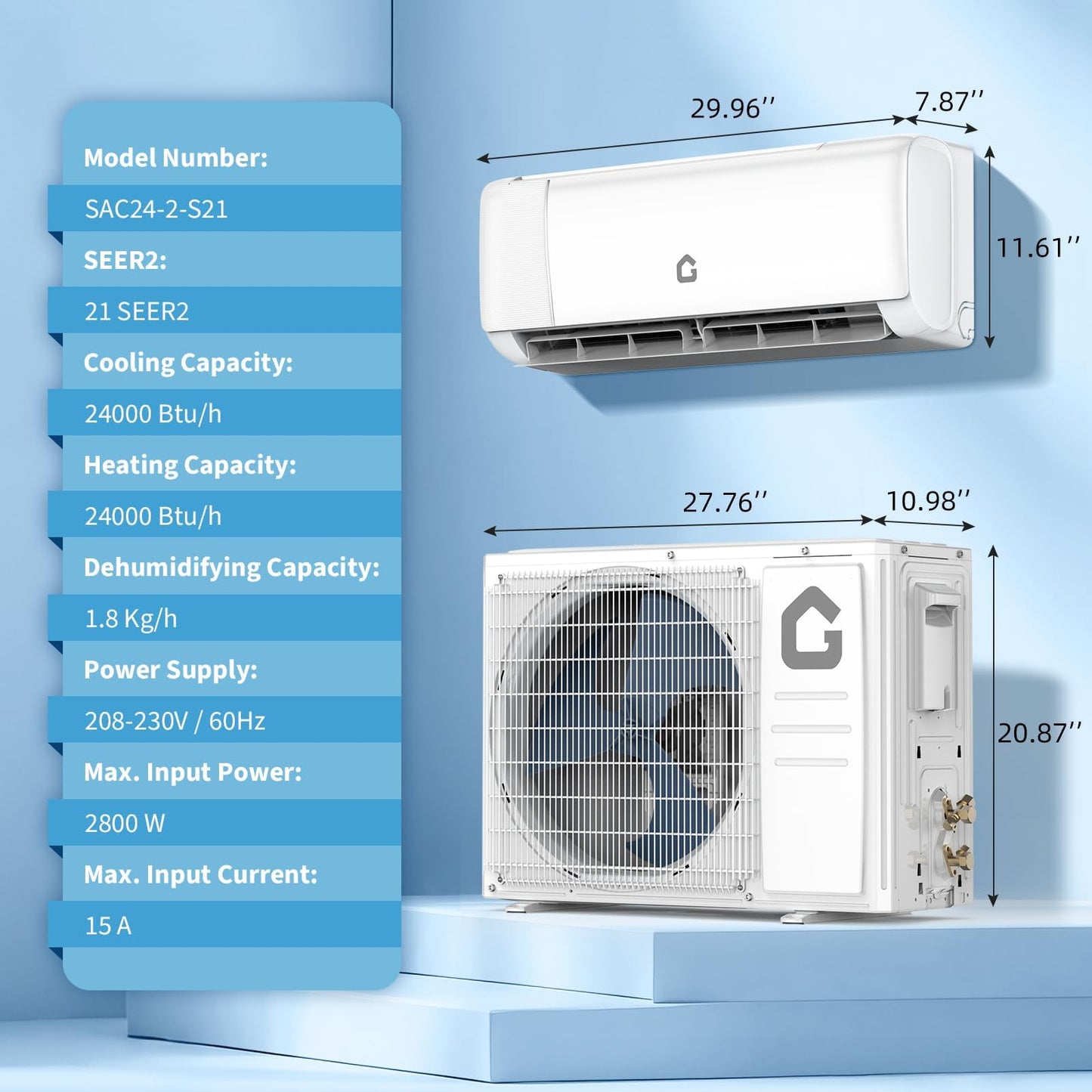 24,000 BTU Ductless Mini Split Air Conditioner and Heat Pump – 21 SEER Energy Star Certified, with WiFi & Alexa Control, 230V System for Rooms up to 1,500 Sq.Ft – Includes Installation Kit – White