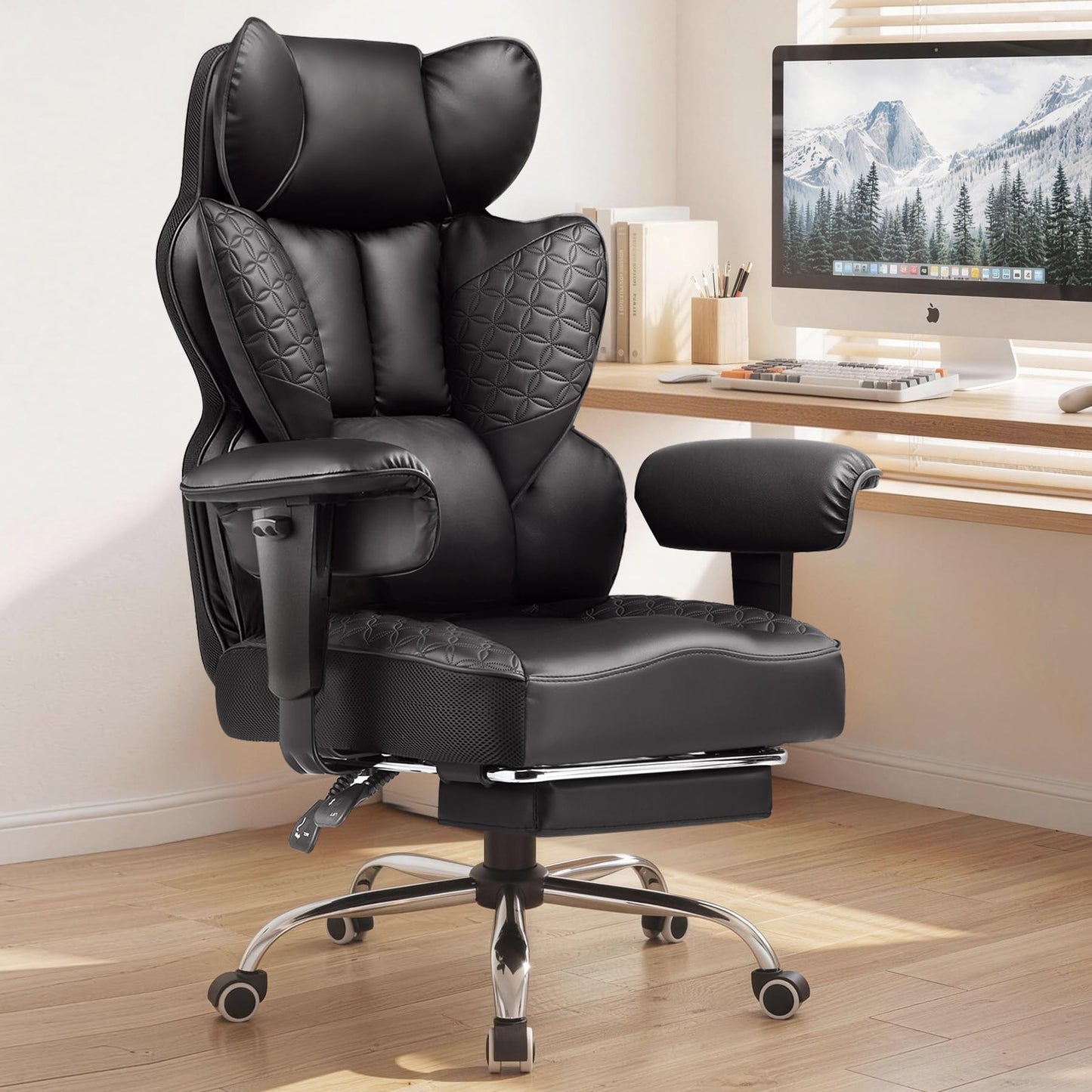 COMHOMA Big and Tall Office Chair Heavy Duty Gaming Chair with Deluxe Embossing Leather High Back Wider Ergonomic Computer Chair with Foot Rest 150°Reclining Pocket Spring Lumbar Support
