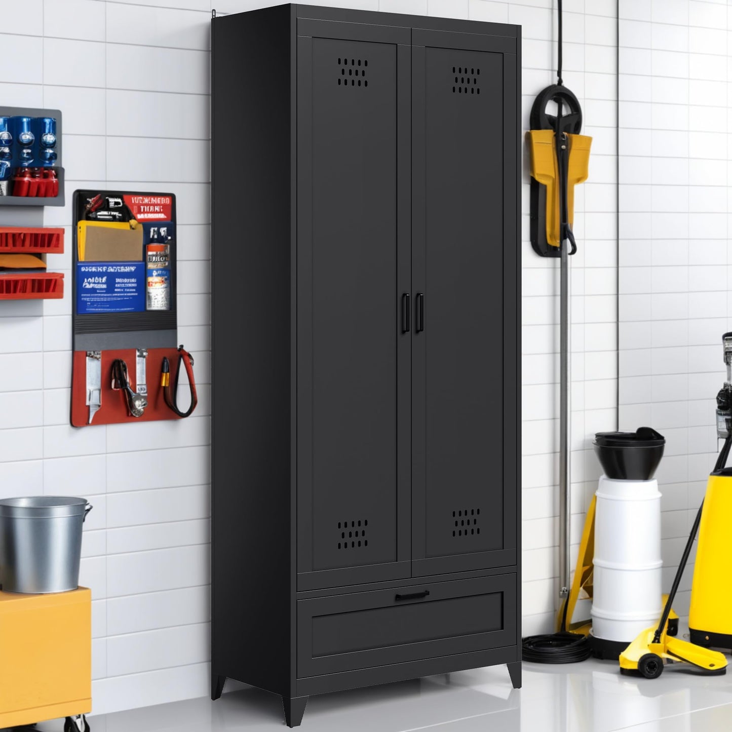 YITAHOME 71" Metal Garage Broom Cabinets with Adjustable Shelves, Vacuum Storage Cabinet with Doors and Drawer, Tool Storage Cabinet for Gym, Basement, Warehouse, Black