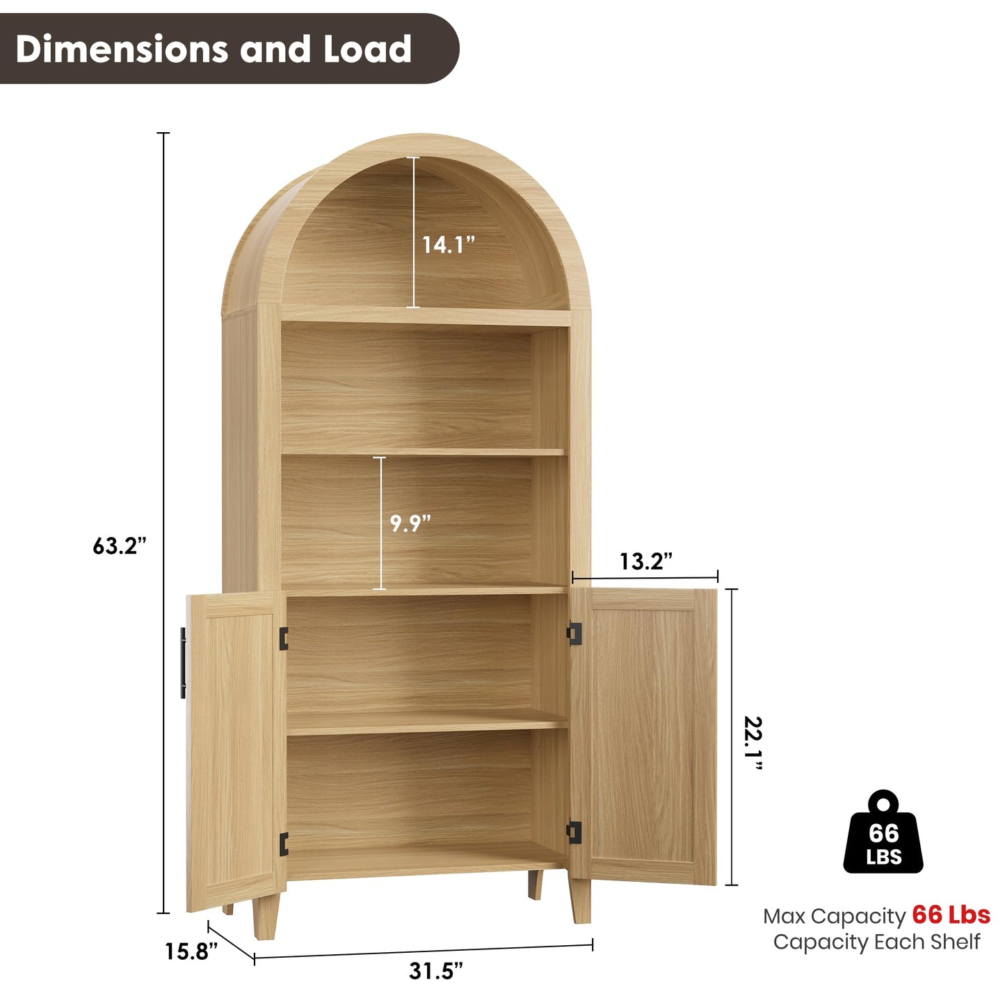 IDEALHOUSE Arched Kitchen Pantry Cabinet with Doors, 5-Tier Wooden Display Cabinet with Adjustable Shelf, Farmhouse Storage Organizer for Kitchen, Dining Room, Living Room, Home Office, Natural