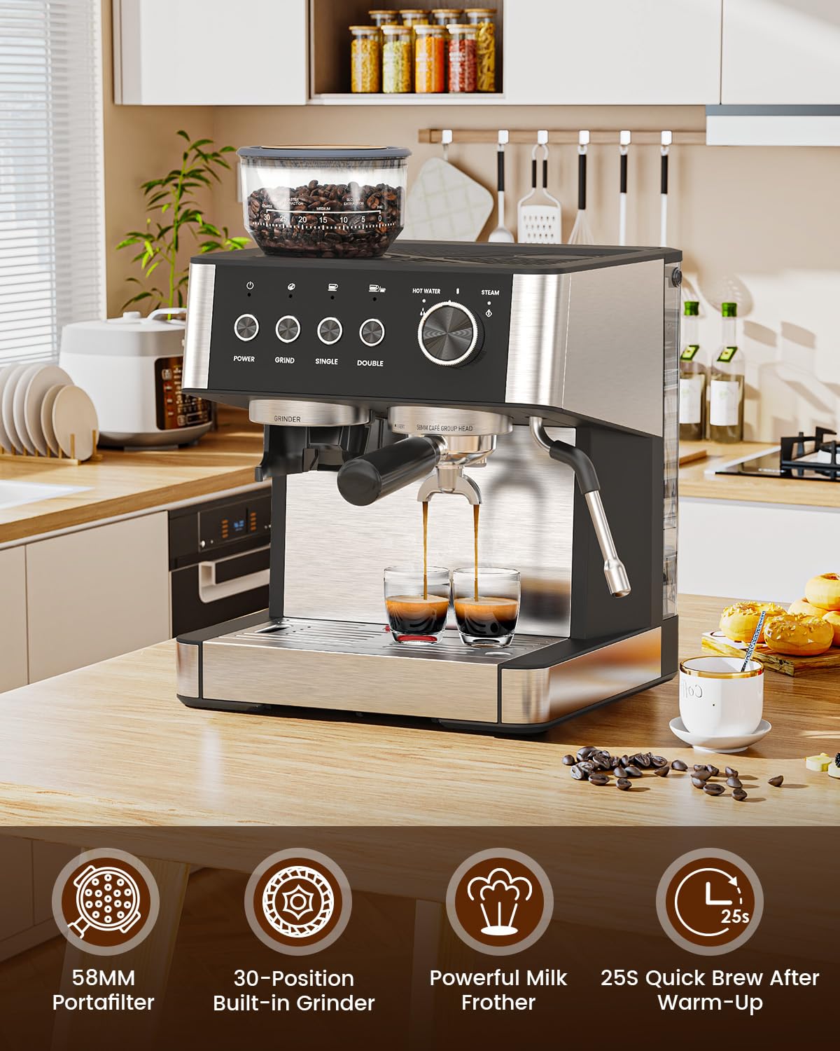 (2026 Upgrade) Espresso Machine with Grinder, Expresso Coffee Machines with Built-in Anti-Clog Coffee Grinder/Milk Steam Wand/Frother, Expresso Machines for Home Perfect Cappuccino & Latte-Gloss Black