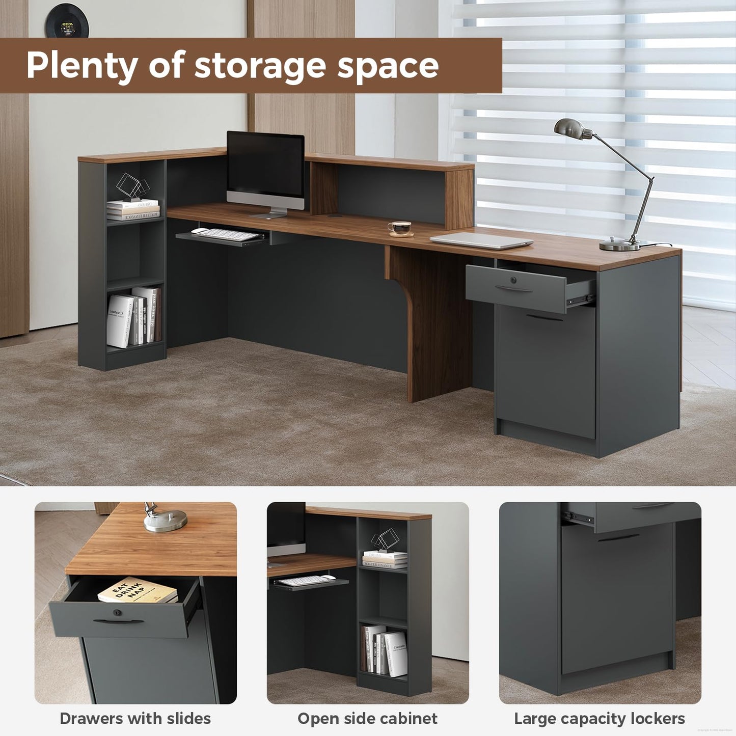 Huariifowm 87" L-Shaped Reception Desk with Counter, Front Desk with Lockable Drawer, Keyboard Tray & Shelves for Salon, Clinic, Retail & Office Lobby, Iron Gray & Walnut Brown, Left Cabinet