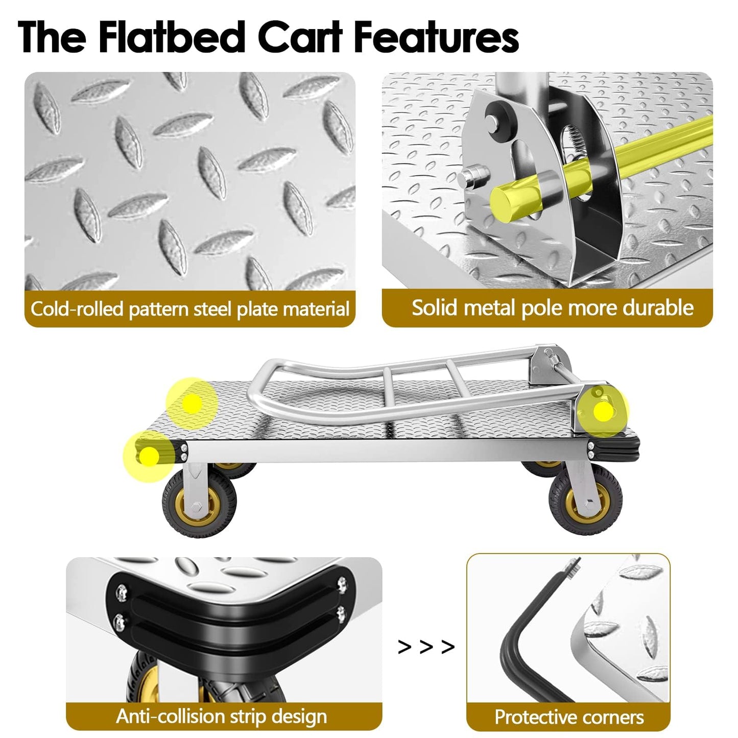 Push Cart Dolly Heavy-Duty Platform Truck Cart with Swivel Wheel 2200 LBS Capacity Foldable Flatbed Cart Large Steel Platform Dolly Cart for Groceries, Garage, Warehouse (36"X 24")