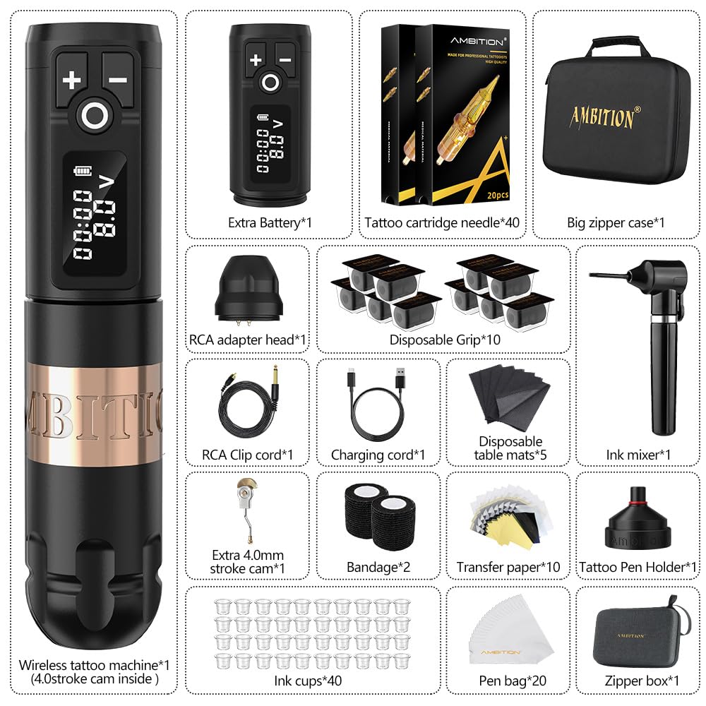Ambition Soldier Tattoo Kit -Wireless Tattoo Machine Kit Complete with Extra 2400mAh Power 40pcs Cartridge Needles Bandage Gloves Ink Mixer Ink Cup Disposable Handle for Professional Tattoo Artists