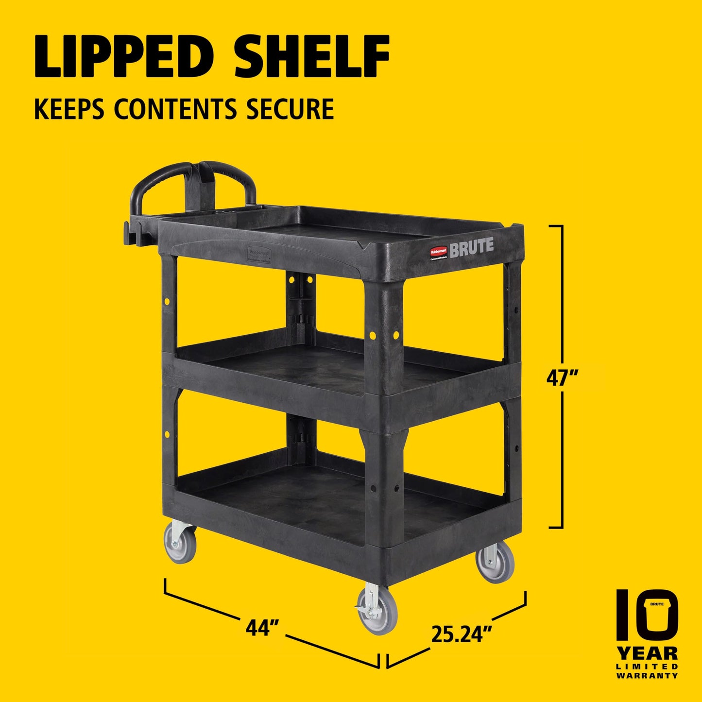 Rubbermaid Commercial Brute 3-Shelf Heavy-Duty Utility/Service Cart, Medium, High Storage, Lipped Shelves, Ergonomic Handle, 600 lb. Capacity, Ideal for Warehouse/Garage/Cleaning/Maintenance/Office