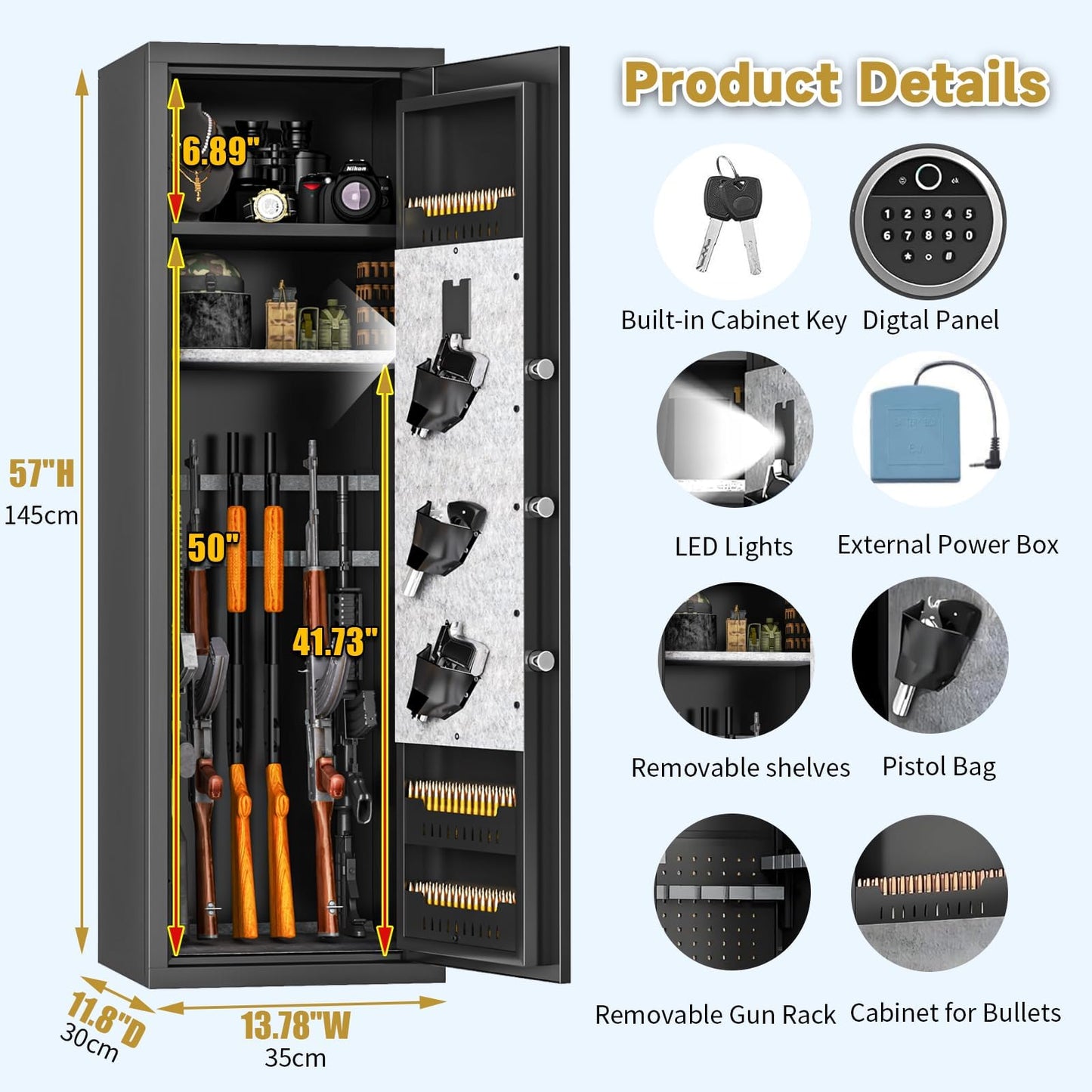 Bezuny 8-12 Fingerprint Gun Safe for Rifles and Pistols, Biometric Gun Safe Password Lock, No Assembly Required, Gun Cabinet for Home with Adjustable Shelves, Heavy Duty Long Gun Safe,57" High