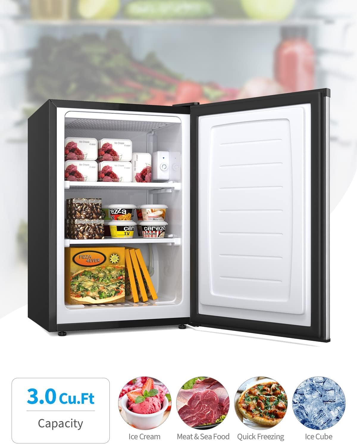 NAFORT Compact Upright Freezer 3.0 Cu. Ft. with Stainless Steel Single Door, Mini Freezing Machine with Reversible Door, 7 Grade Adjustable Thermostat for Home Office