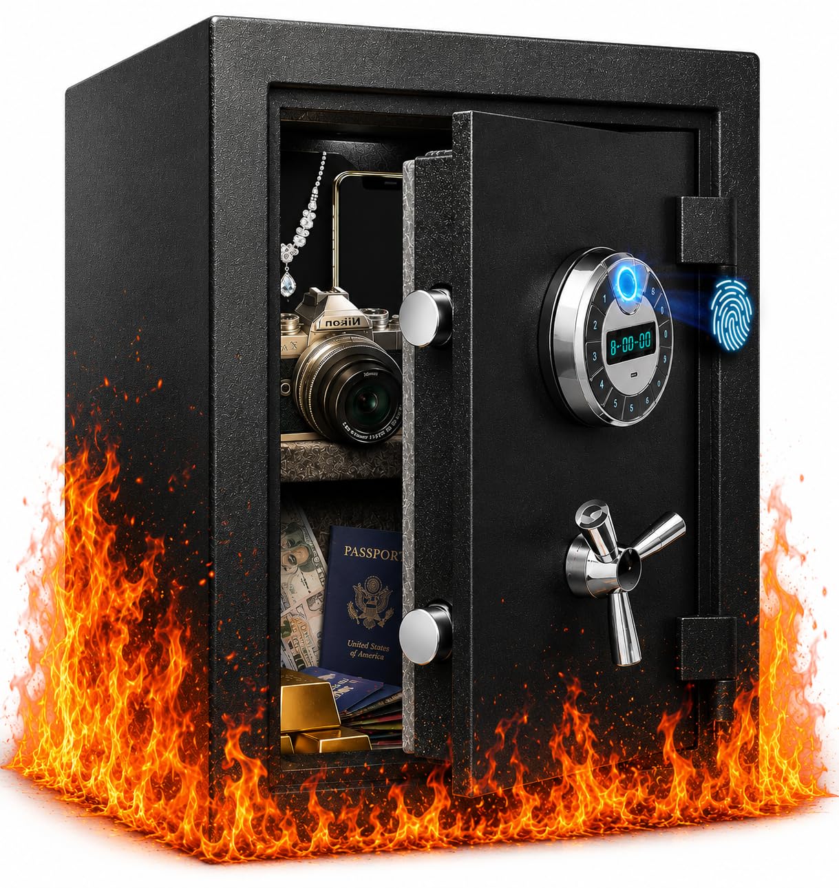 RETLLAS 4.5 CuFt Heavy Duty Fireproof Biometric Home Safe Fingerprint and PIN Lock, Reinforced Steel, Dual Anti-Pry Bolts, Backlit LCD, Heat-Sealing Gasket and USB-C Power for Documents & Electronics
