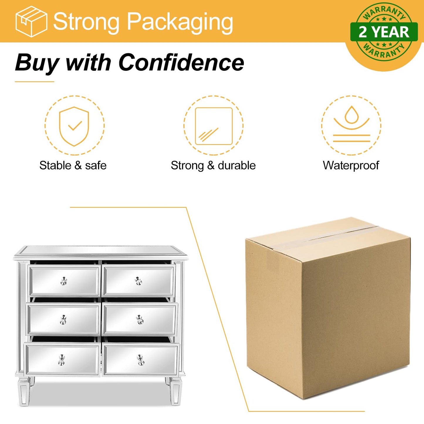 VINGLI Mirrored Dresser for Bedroom with 6 Storage Drawer Modern Chest of Drawers, Silver, 32”L x 12”W x 28”H