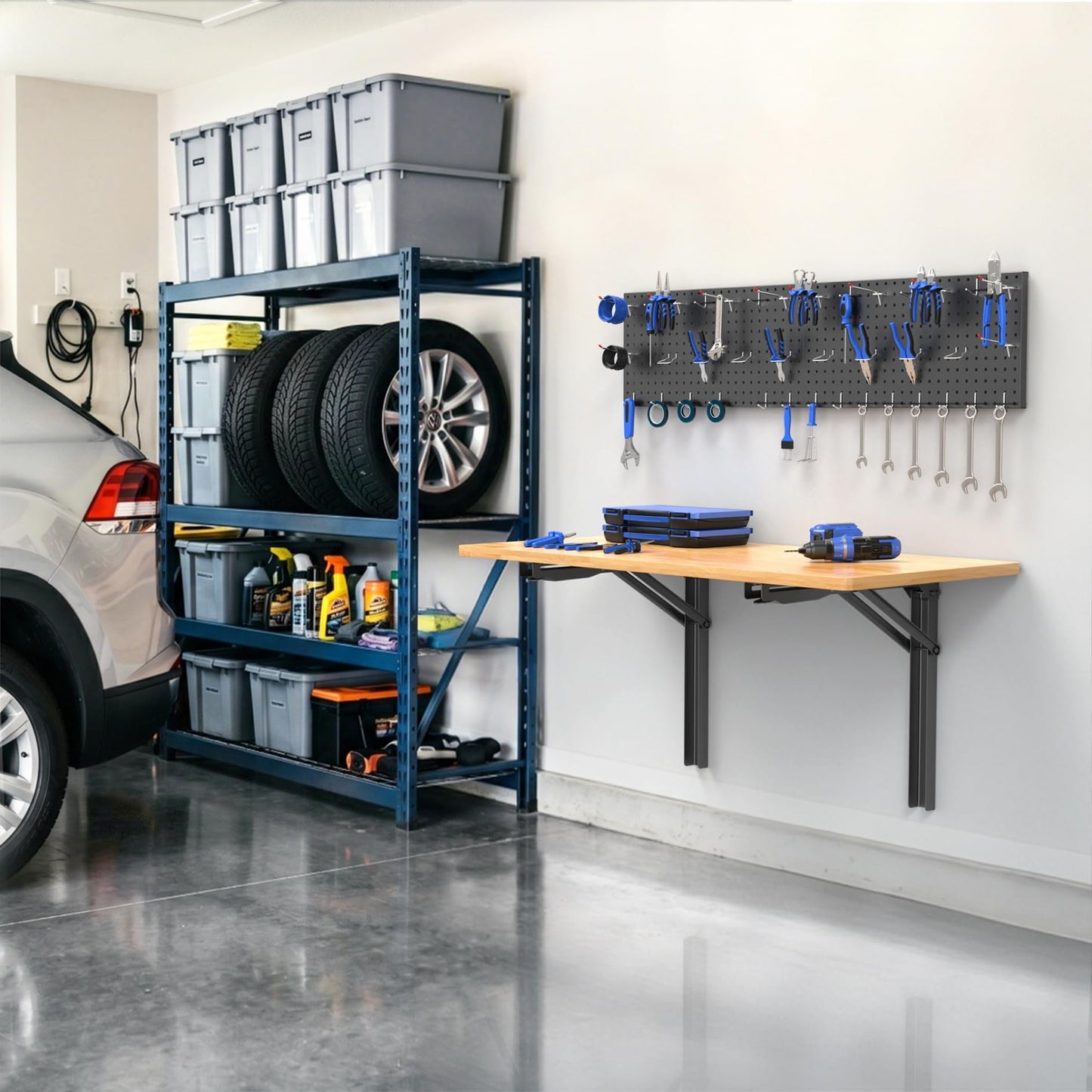 WALMANN Space Saving Wall Mounted Folding Workbench with Pegboard Kit, Heavy Duty Folding Wall Table/Desk for Garage, Workshop, Holds Up to 550 lbs(Tabletop Size: 47.25 x 22.75 in)