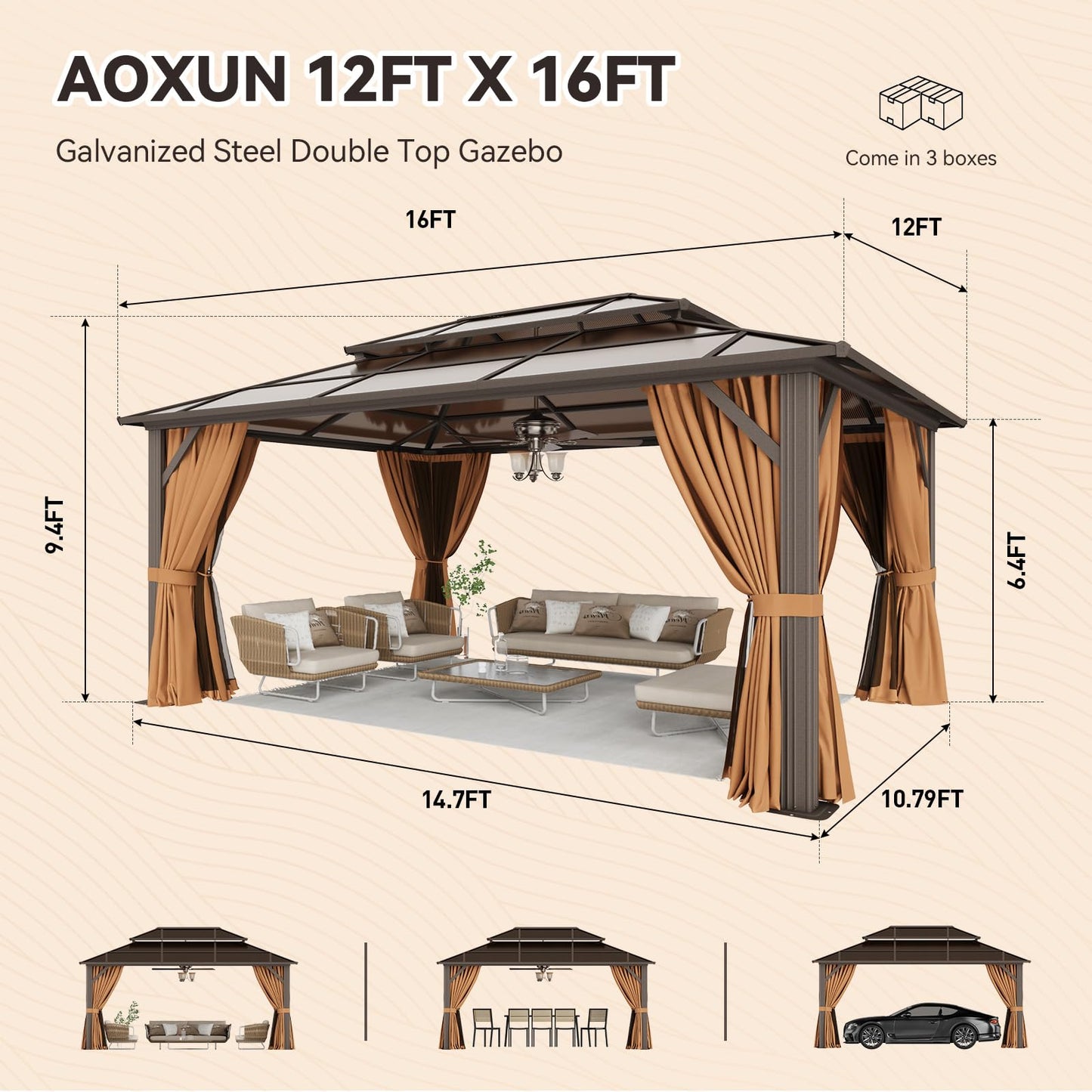 Aoxun 12'x16' Hardtop Gazebo, Outdoor Metal Gazebo with Double Polycarbonate Roof Canopy, Permanent Pavilion with Netting and Curtains for Lawn, Garden, Patio (Brown)