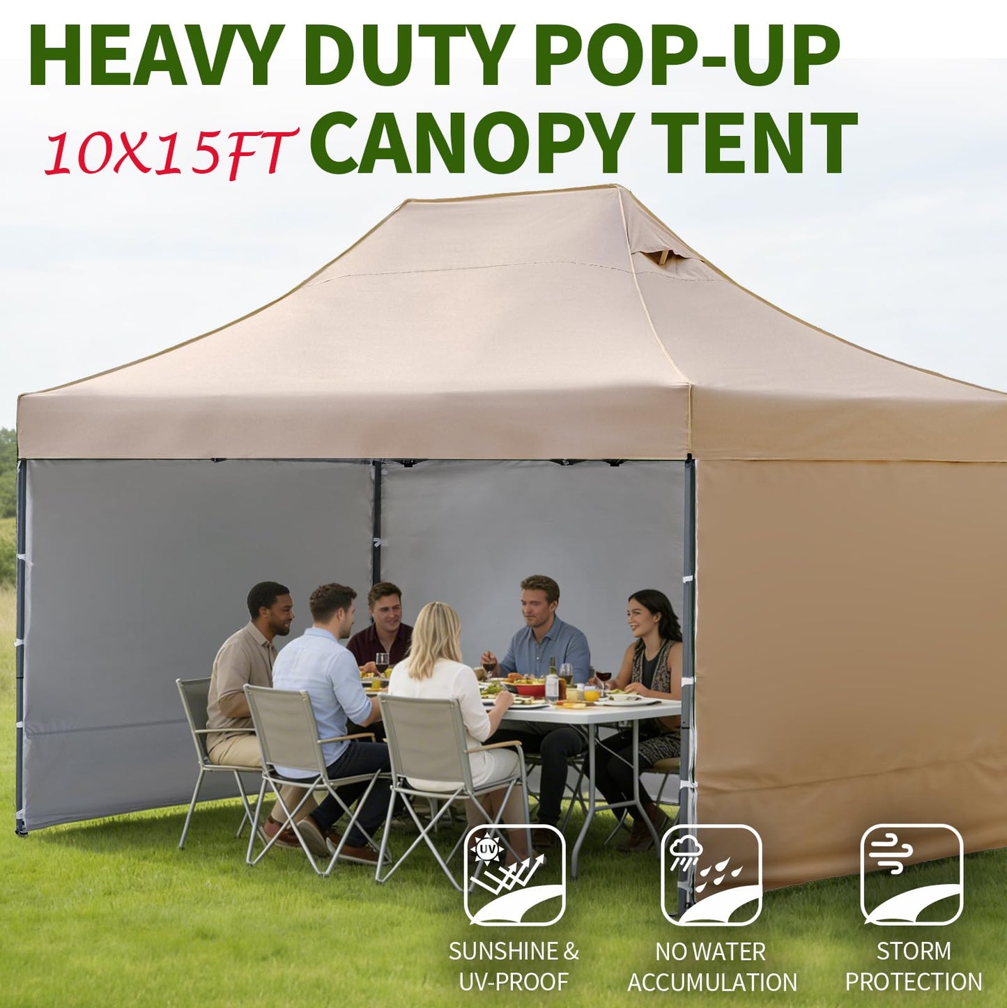 10x15 Heavy Duty Pop Up Canopy Tent, Outdoor Commercial Easy Up Canopy Outdoor Party Tents with 3 Removable sidewalls and Wheeled Bag for Events, Parties, Weddings(Khaki)
